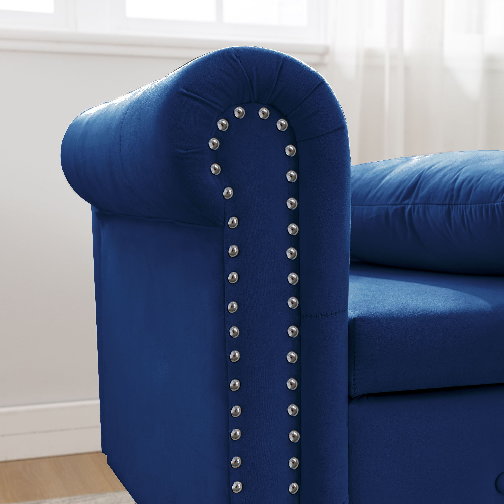 Chaise Lounge Indoor, Lounge Chair For Bedroom With Storage & Pillow, Modern Upholstered Rolled Arm Chase Lounge For Sleeping With Nailhead Trim For Living Room Bedroom Office
