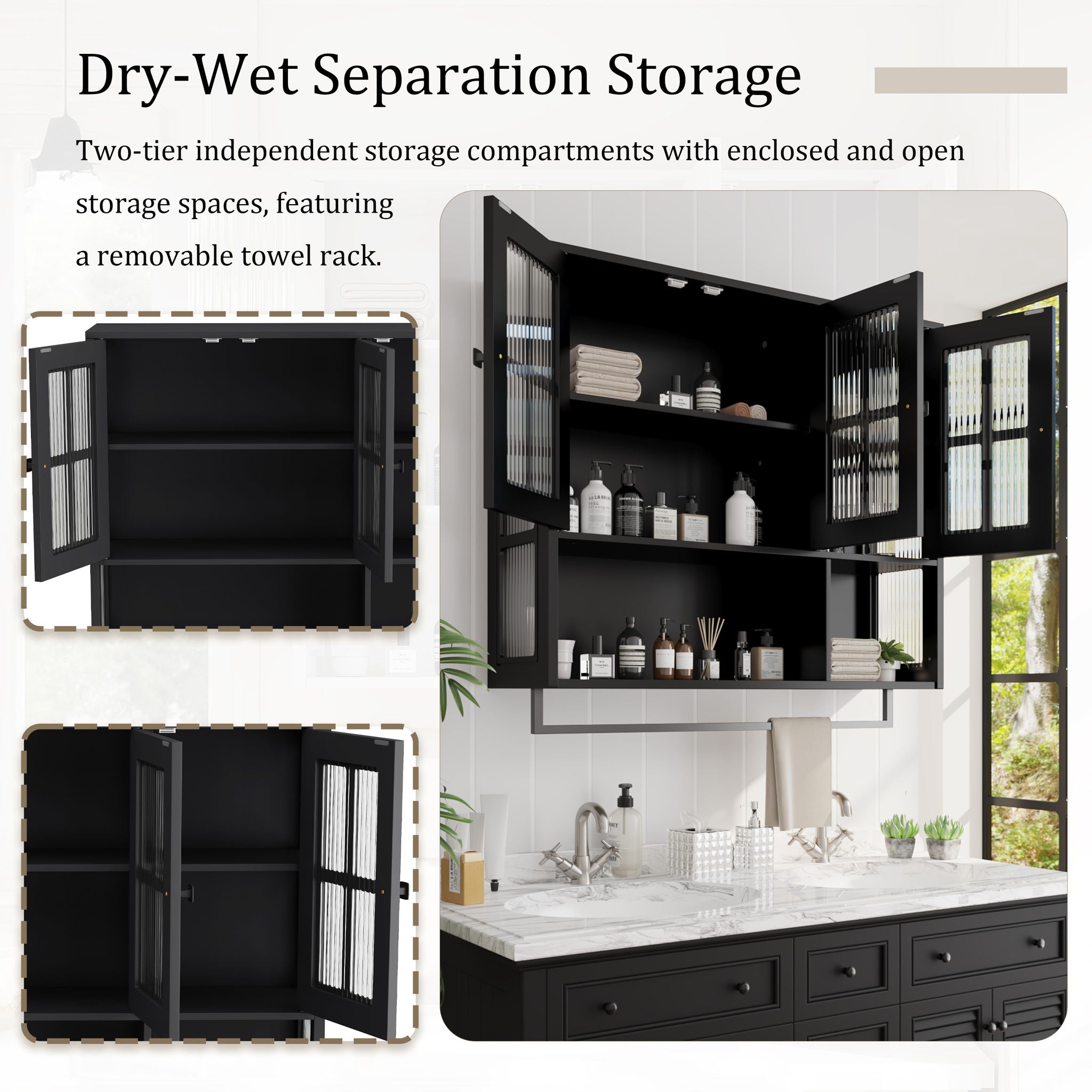 3 Door Wall Cabinet With Glass Door And Towel Bar