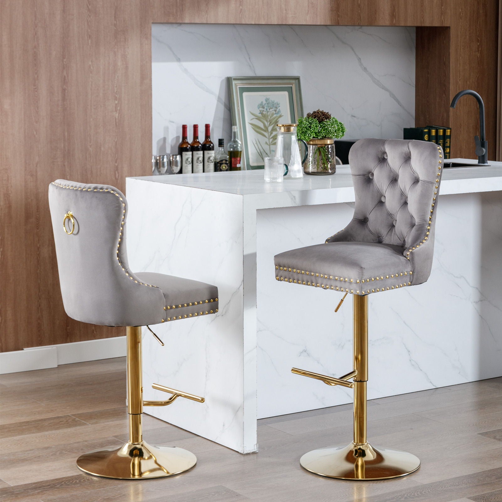 Thick Swivel Barstools Adjusatble Seat Height From 25-33", Modern Upholstered Bar Stools With Backs Comfortable Tufted For Home Pub And Kitchen Island (Set of 2)