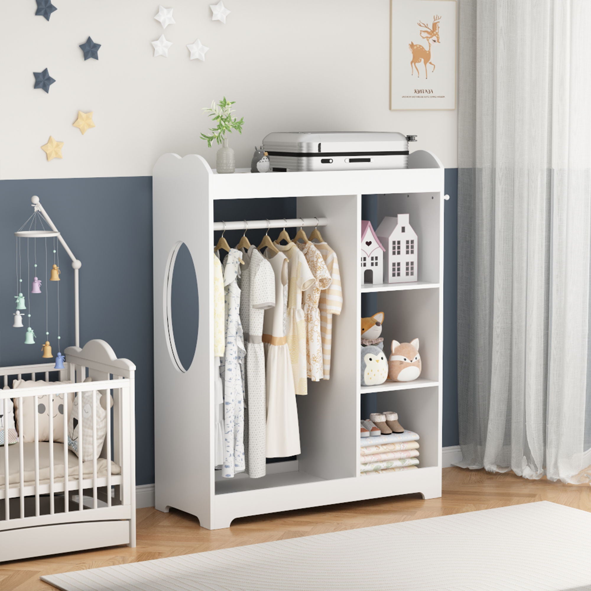 Dress Up Storage With Mirror And Hooks, Clothes Rack With Hanging Rod, 3 Side Hooks, Open Shelves, Top Shelf Organizer - White