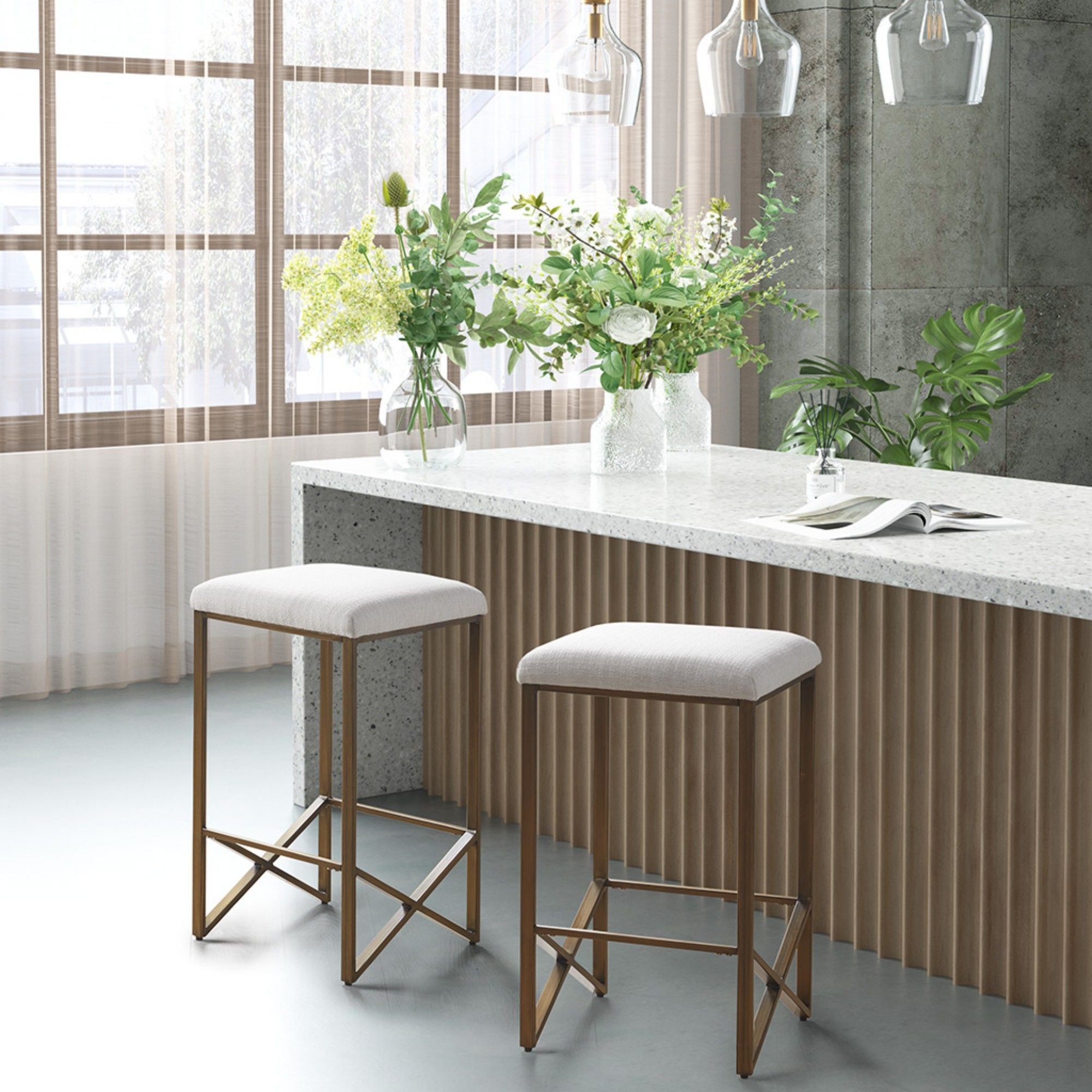 Backless Upholstered Counter Stool With Padded Seat - Ivory / Bronze