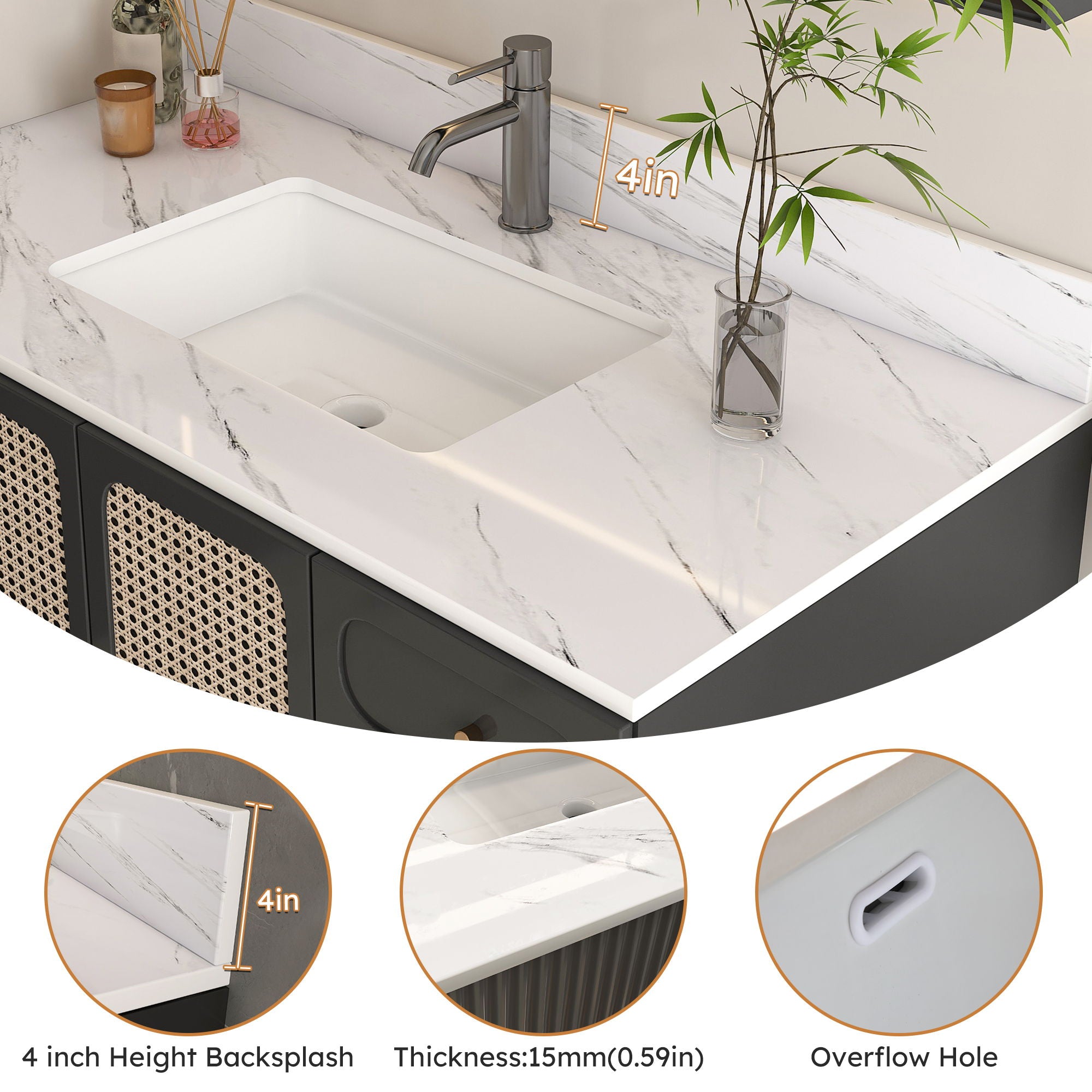 Bianco Carrara Venato Marble Vanity Top With Pre Drilled Faucet Hole And Undermount Sink