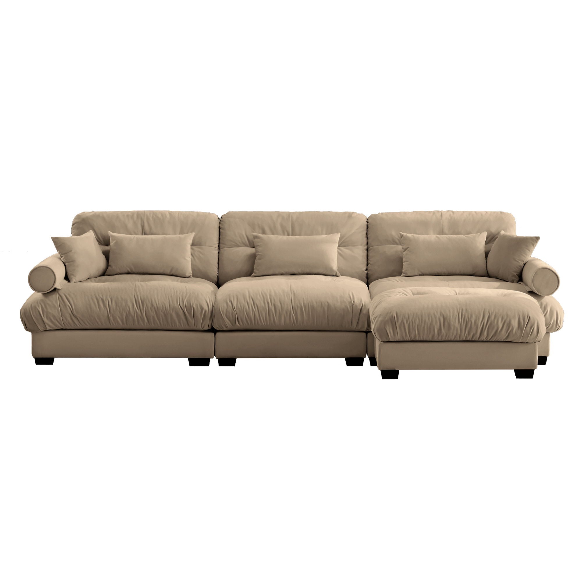 Modern Sectional Sofa With Ottoman, Round Bolster Armrests, Waist And Throw Pillows