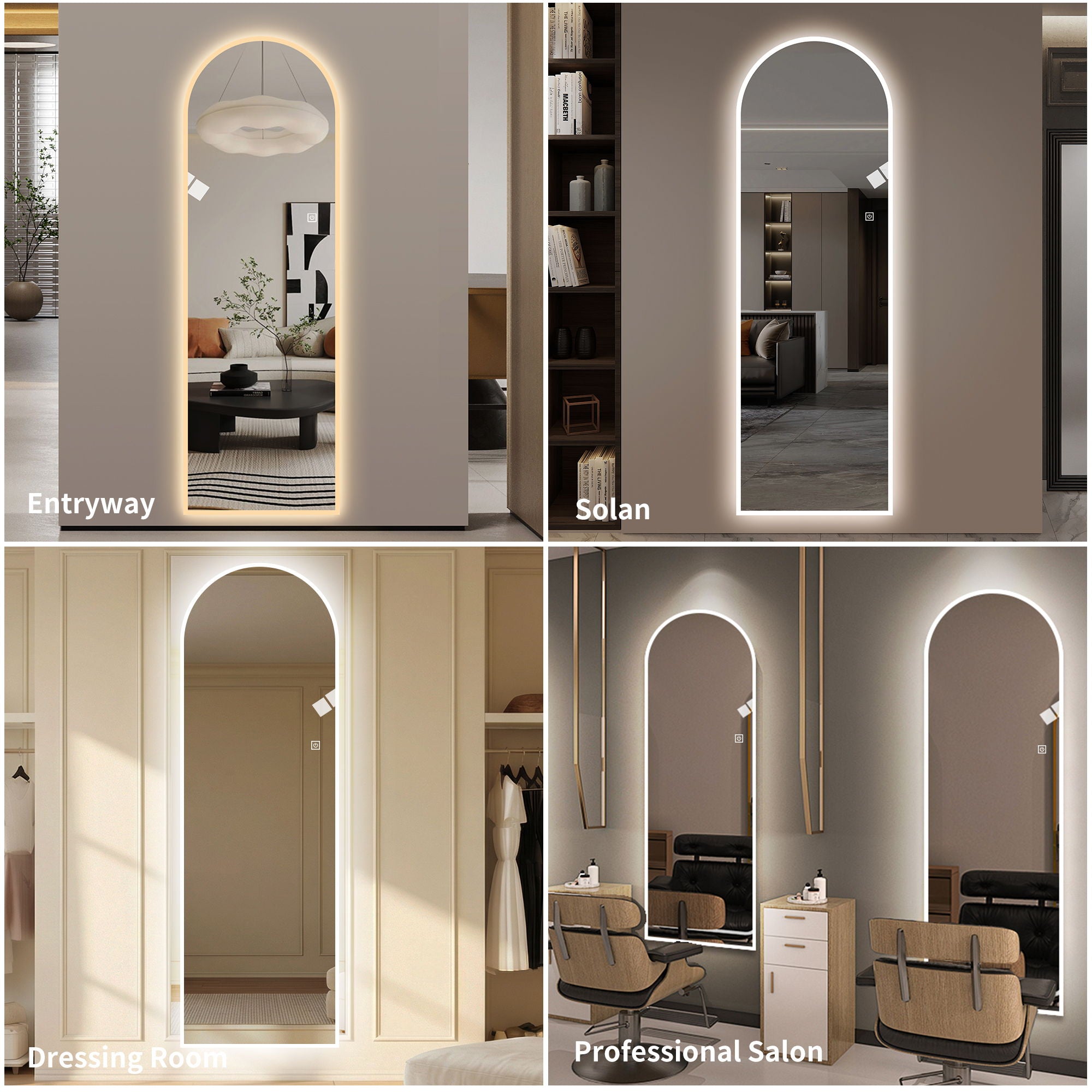 LED Full Length Wall Mirror With Symmetrical Arch Design, Dimmable 3 Color Temperature Lighting - Silver