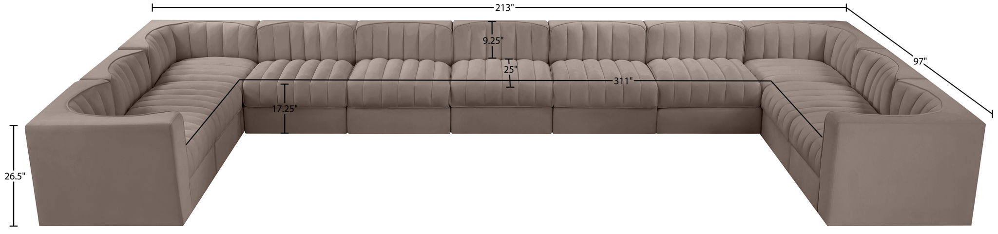 Rummi - Velvet Performance Fabric Upholstered 11 Piece Modular Sectional