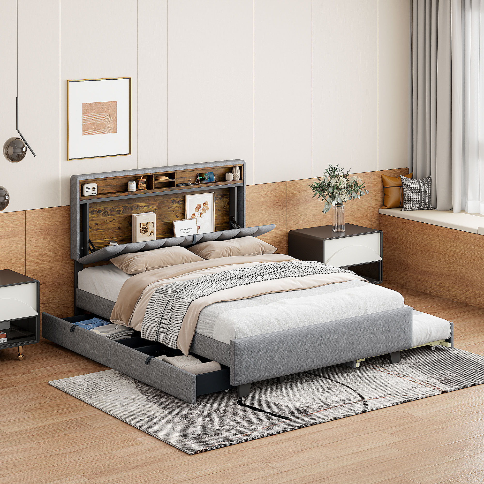 Upholstered Platform Bed With Storage Headboard, Trundle & 2 Drawers And A Set Of Sockets & USB Ports