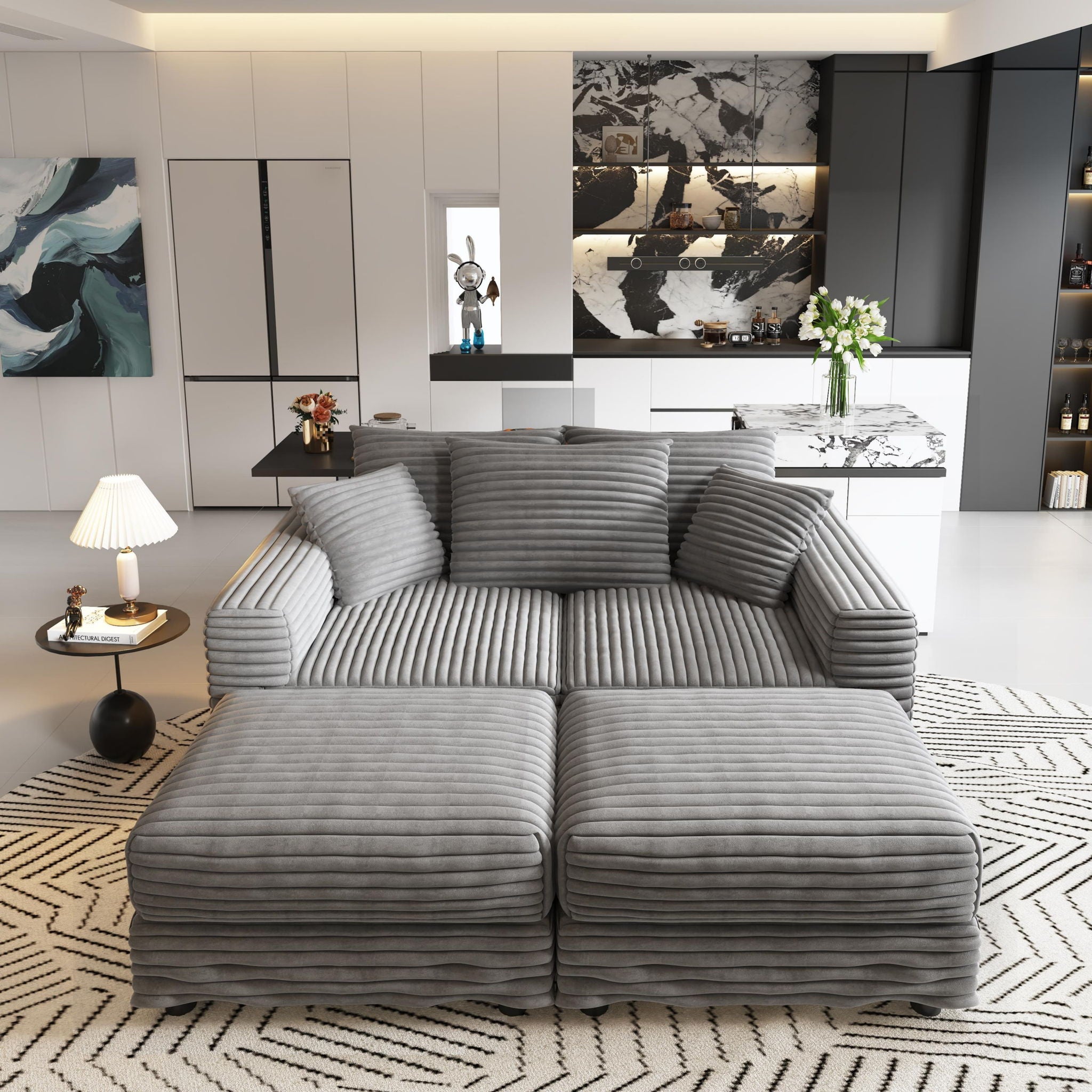 Convertible Deep Seat Sofa With Soft Pillows And Ottomans