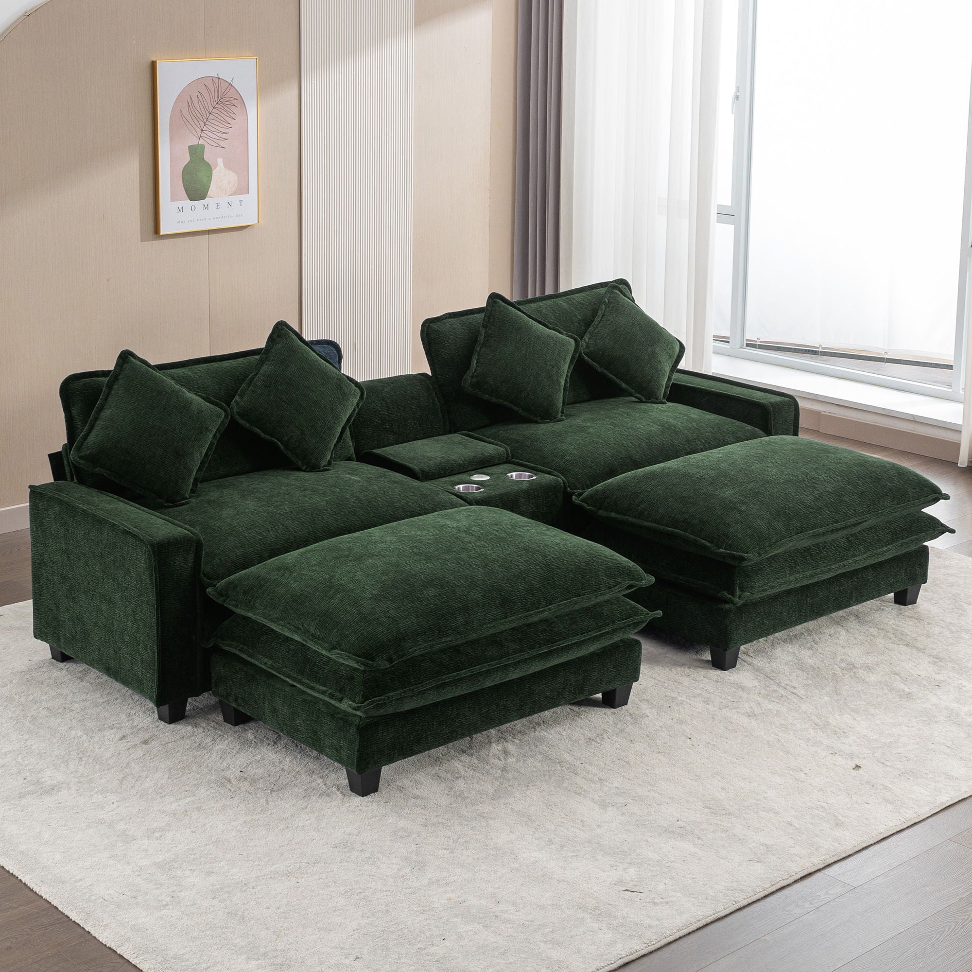 Sectional Sofa Upholstered Sofa With Two Removable Ottoman, Two USB Ports, Two Cup Holders And Large Storage Box For Living Room
