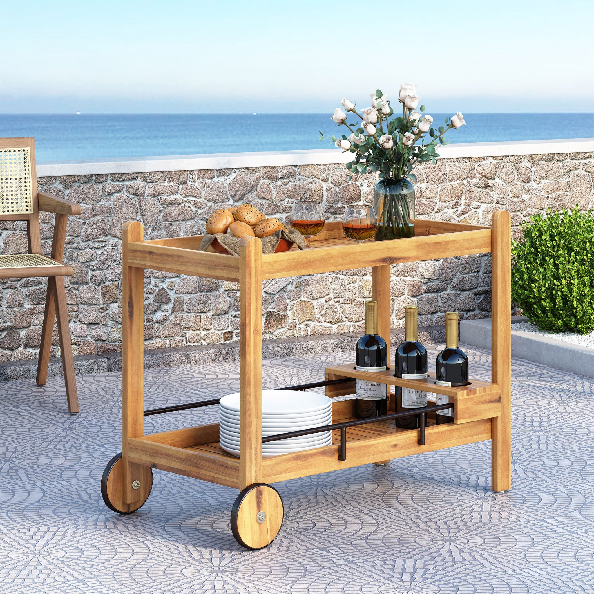 Bar Cart With Wine Bottle Holders, - Black
