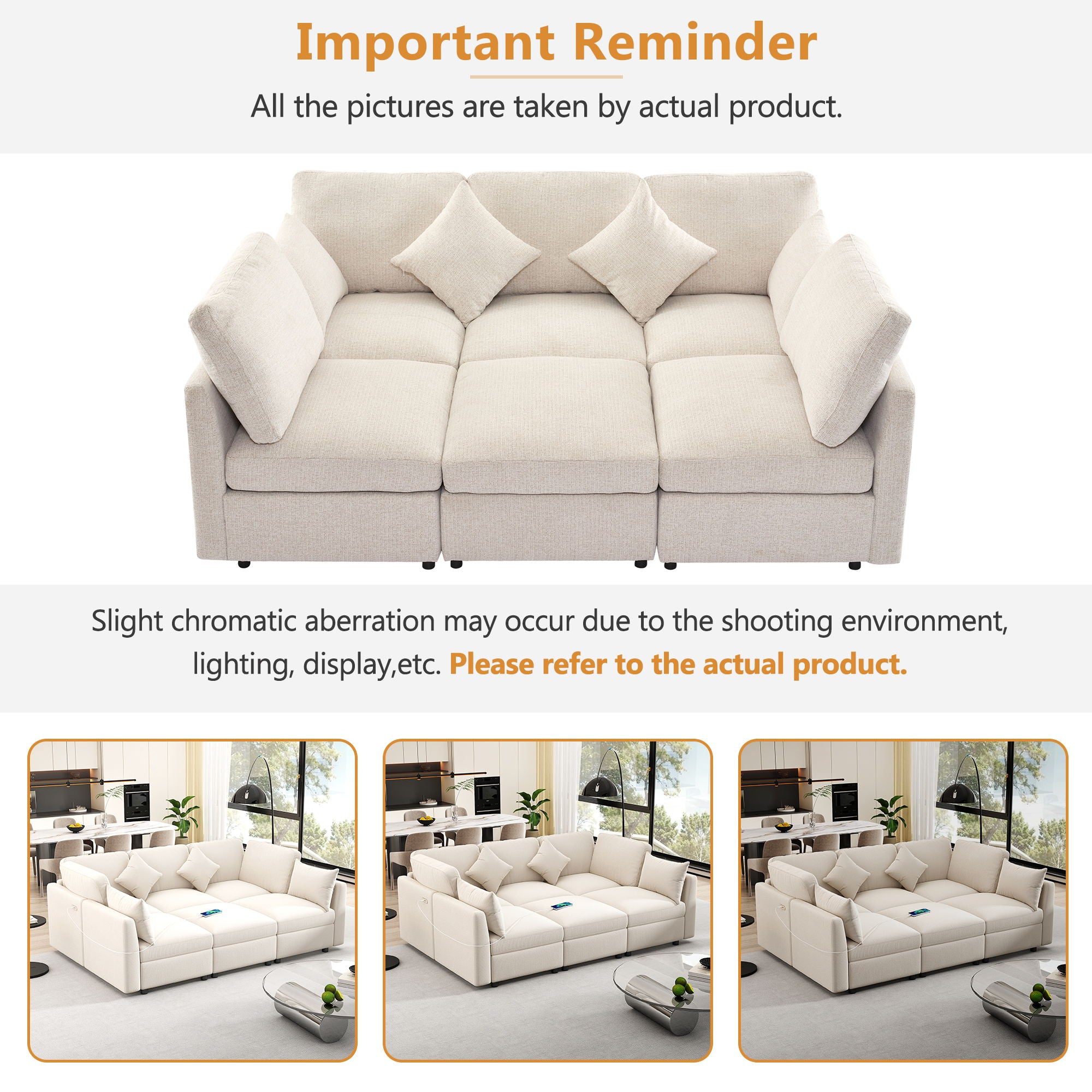 Sectional Sofa Modular U-Shaped With Ottoman & USB Ports