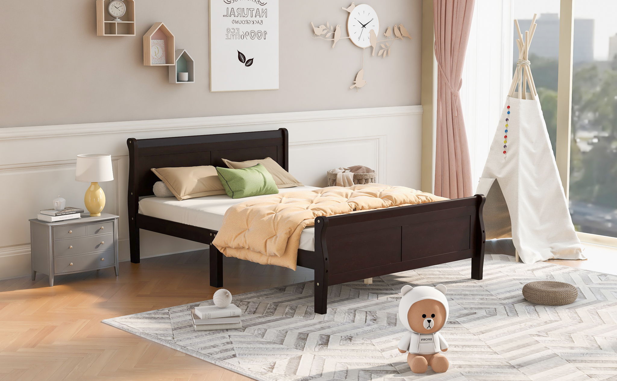 Platform Bed Frame Mattress Foundation Sleigh Bed With Headboard / Footboard / Wood Slat Suppor