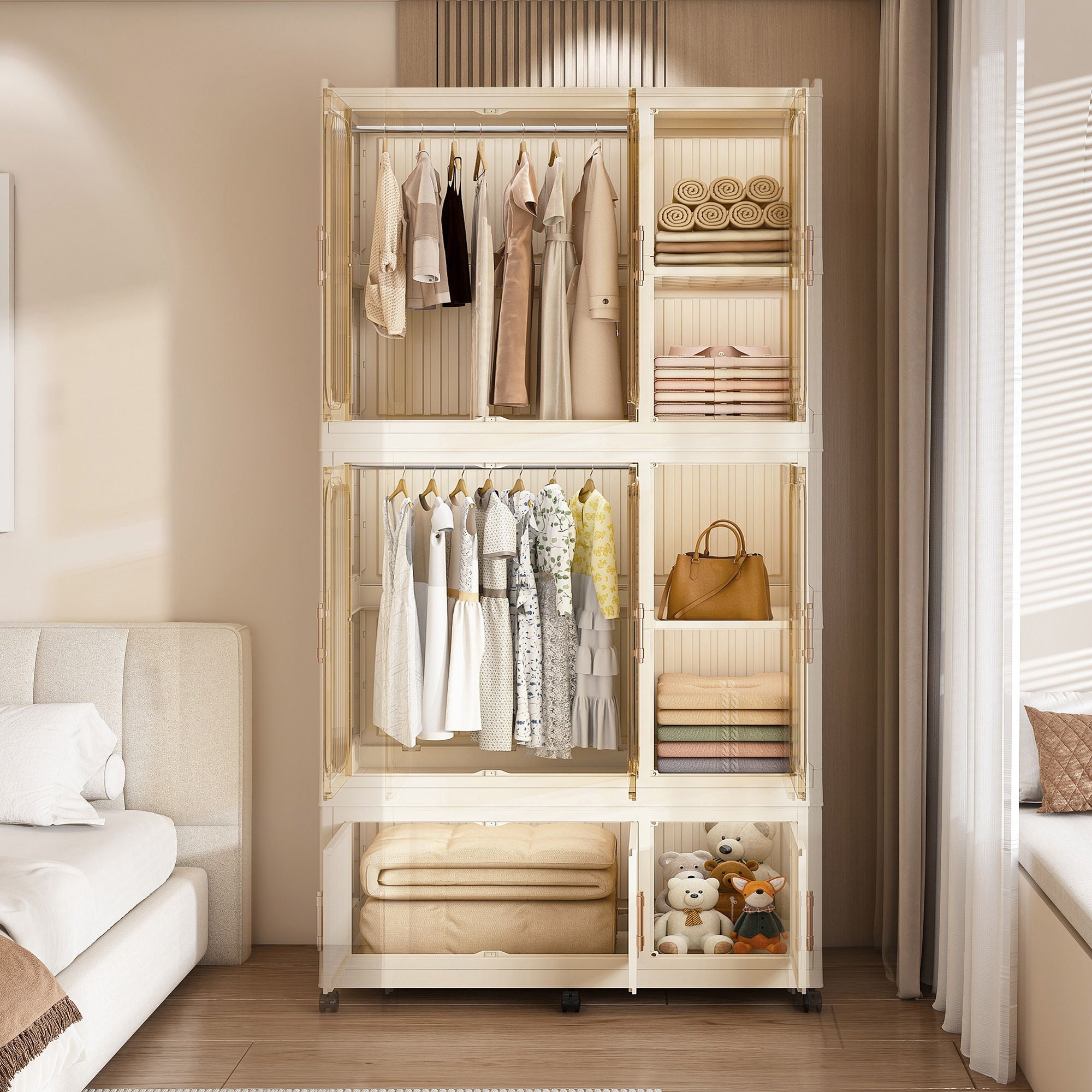 Portable Wardrobe Closet Storage Organizer For Clothes, 9 Magnetic Doors With 9 Cubes & 2 Hanging Rods, 6 Hangers - Cream White
