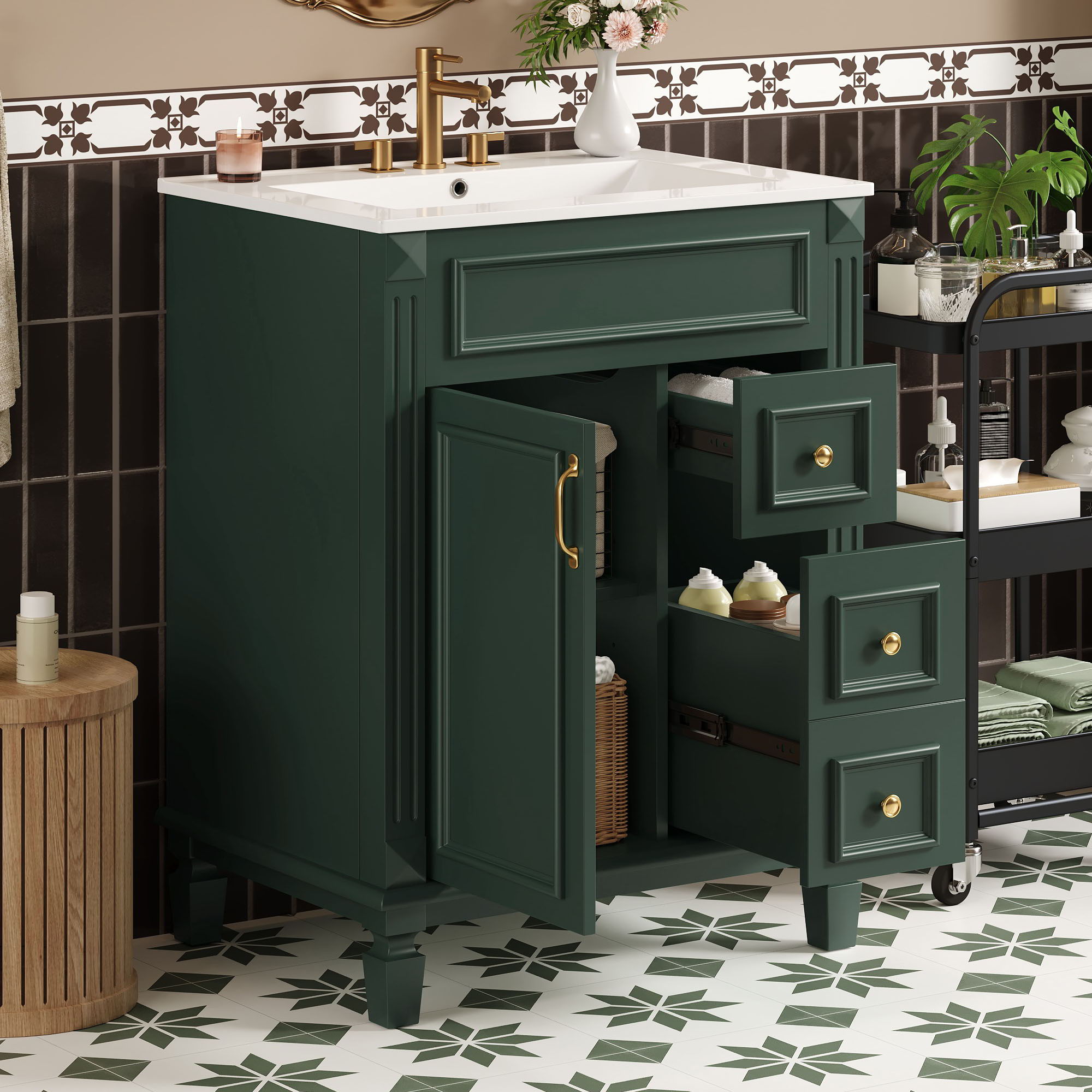 Bathroom Vanity With Sink, Compact Cabinet & 2 Drawers And Adjustable Shelf