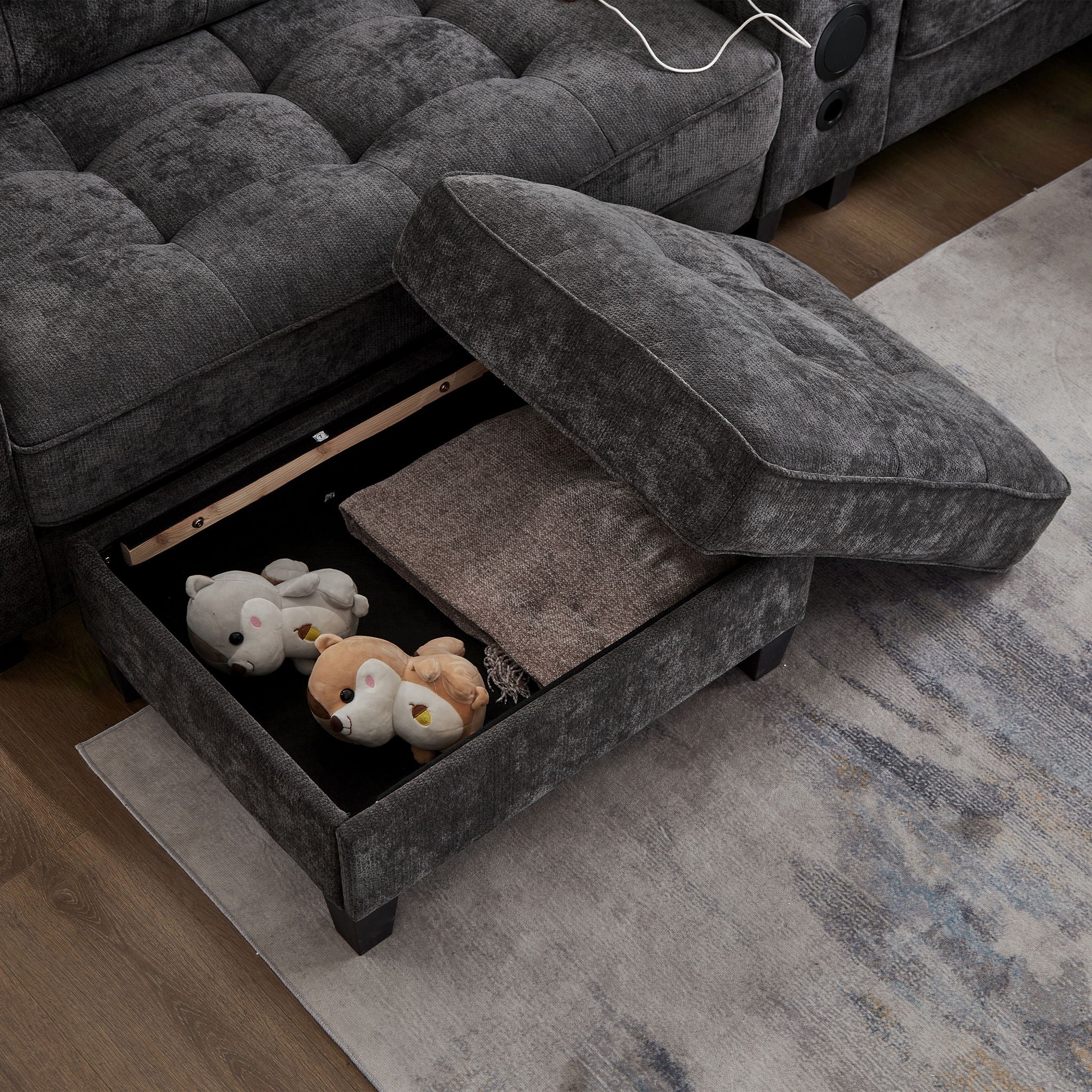 Modern Sectional Sofa U-Shaped With Movable Ottomans, tooth Speakers, LED Lights And Modular Storage