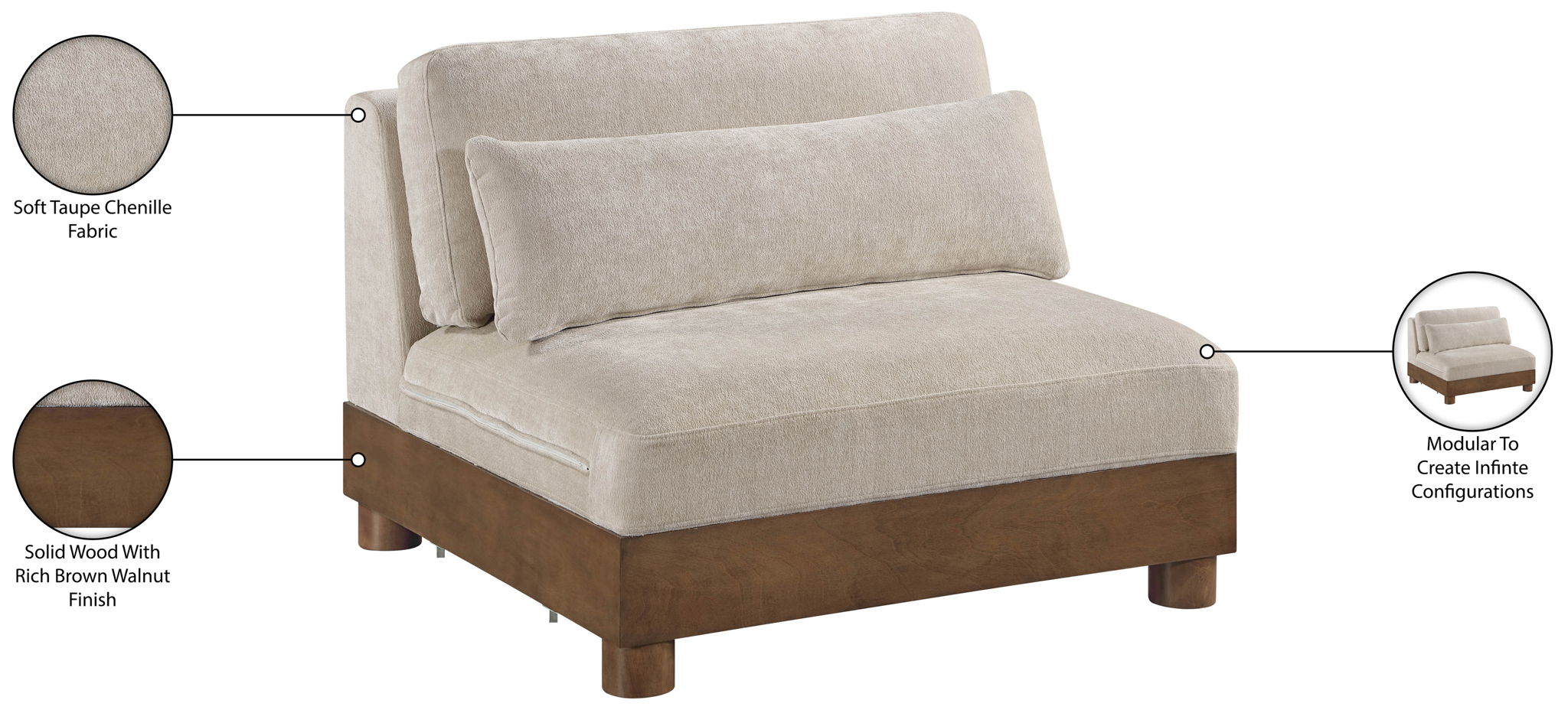 Turin - Chenille Fabric Upholstered Modular Armless Chair - Taupe / Brown Walnut