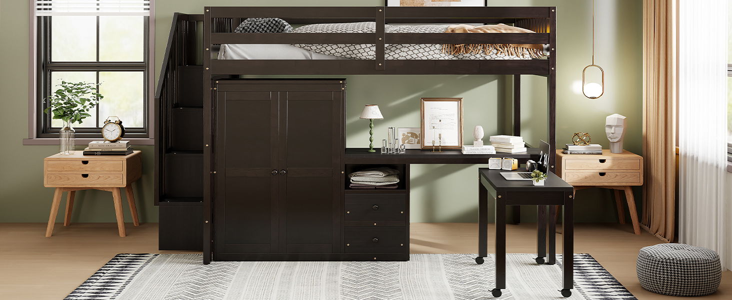 Loft Bed With Stairs, Bookshelf, Drawers, Desk & Wardrobe, Space Saving Multifunctional Furniture