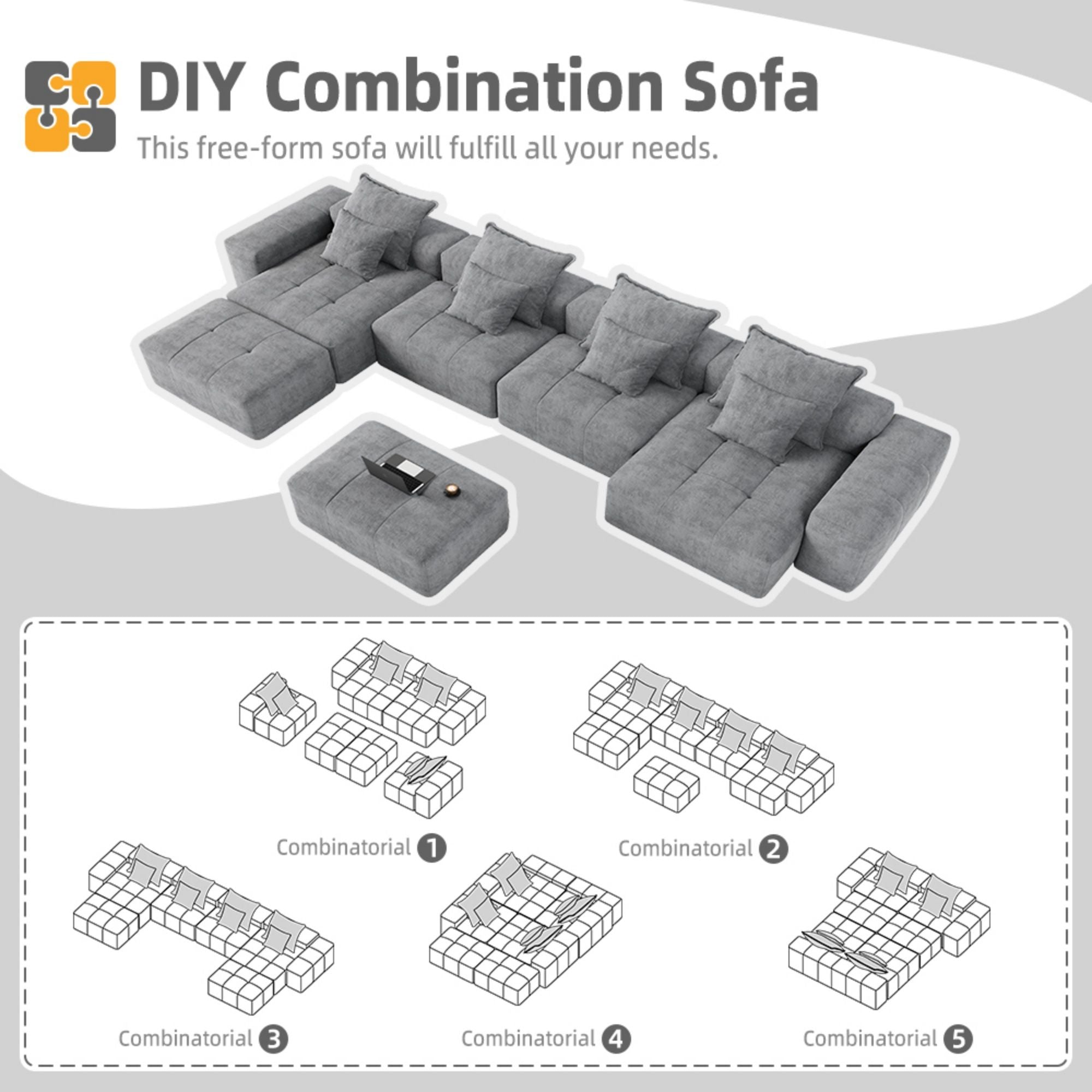 Modern Oversized Diy Combination Modular Sectional Sofa With Pillows
