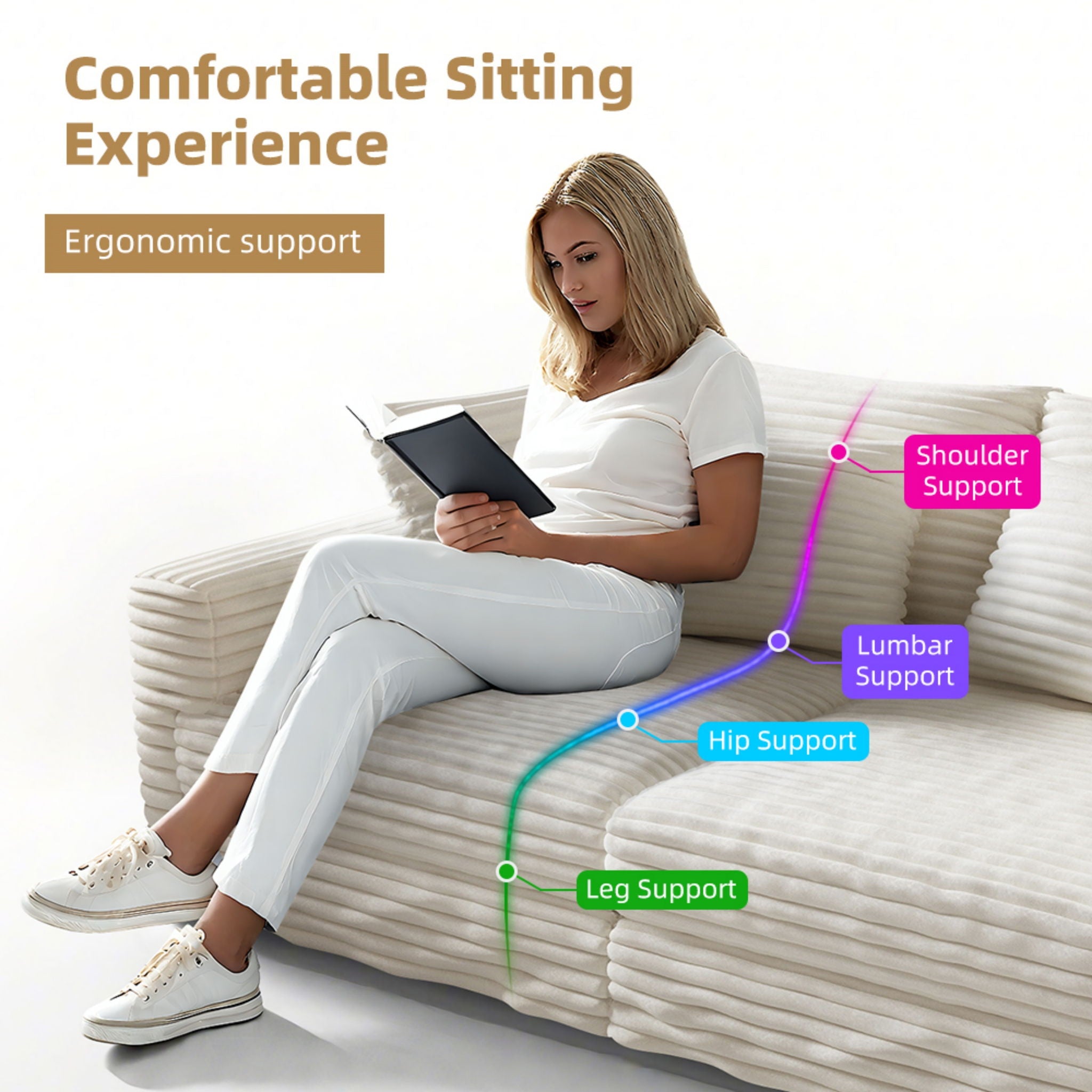 4 Seat Sofa With Soft Pillows And Movable Ottoman