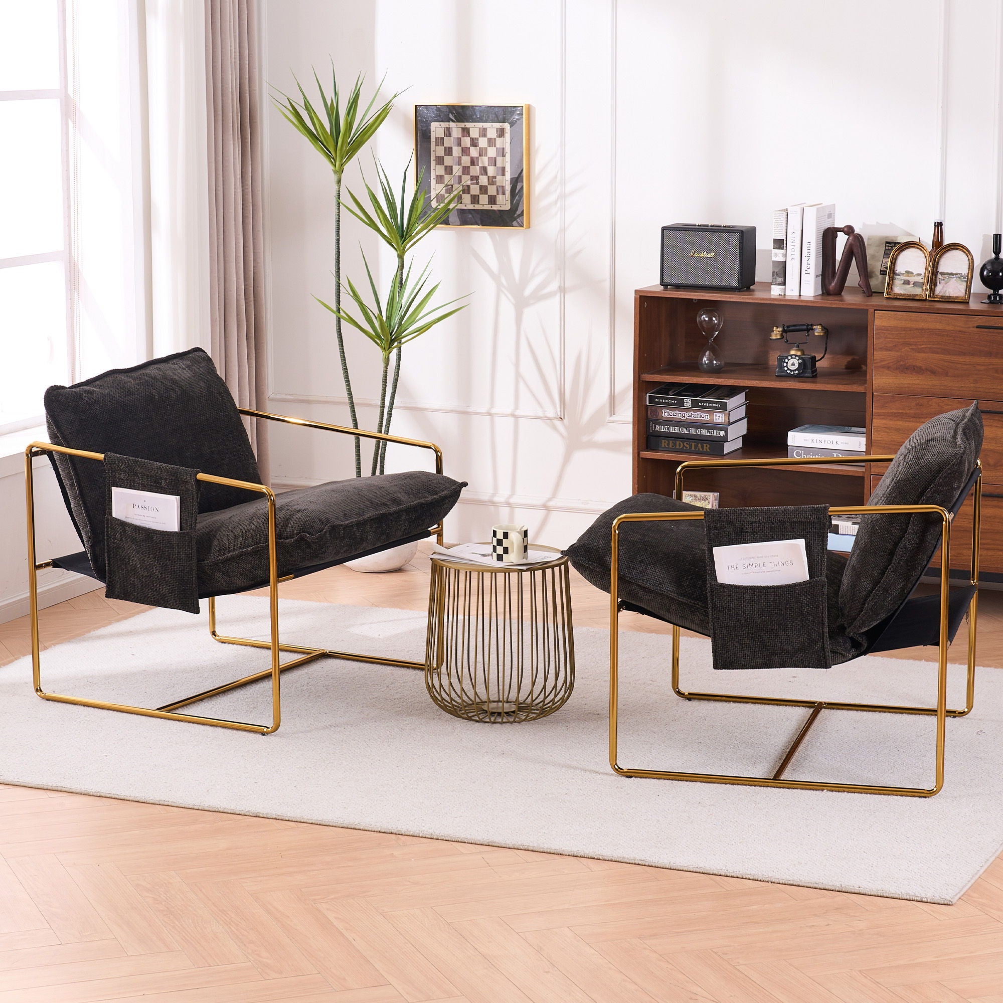 Upholstered Hanging Armchair With Arm Pocketsmetal Frame (Set of 2), Plated Craftsmanship, Crushed Foam Cushions And Skin-Friendly Woven Fabric For Living Room And Bedroom