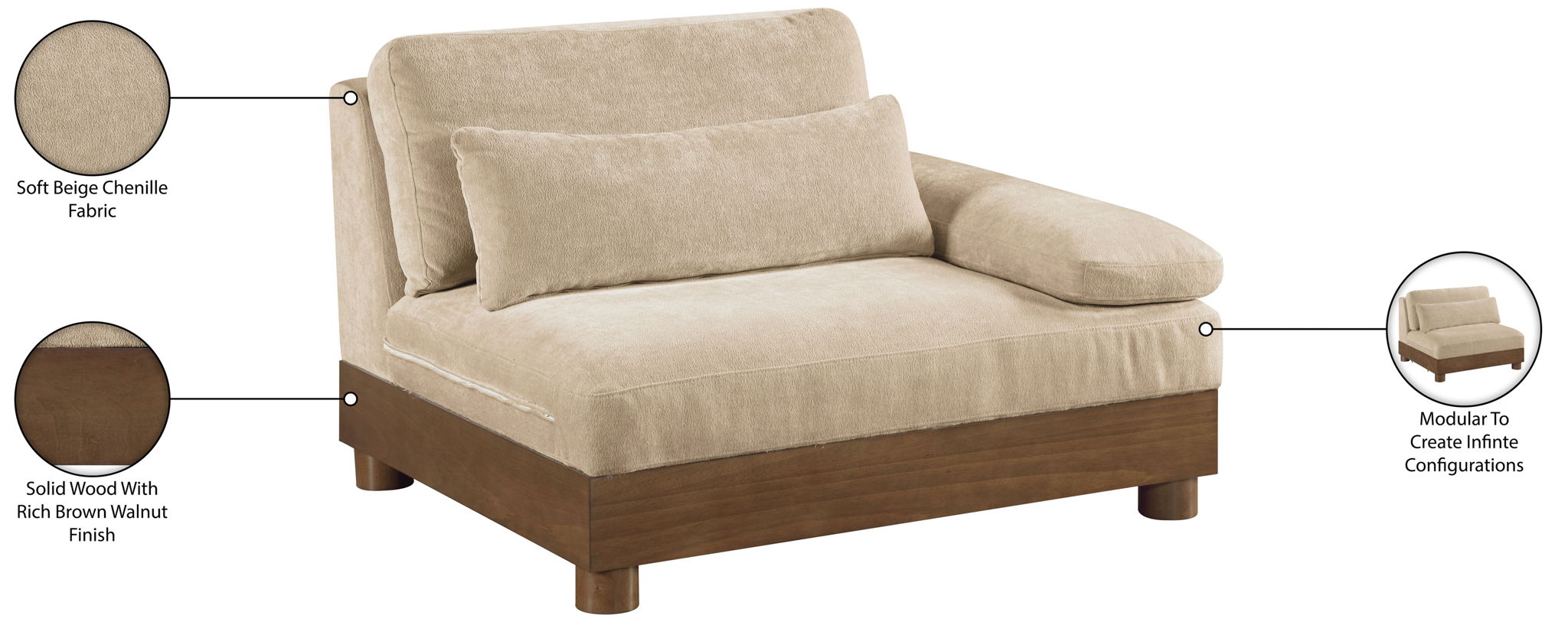Turin - Chenille Fabric Upholstered Modular Arm Chair - Walnut Base