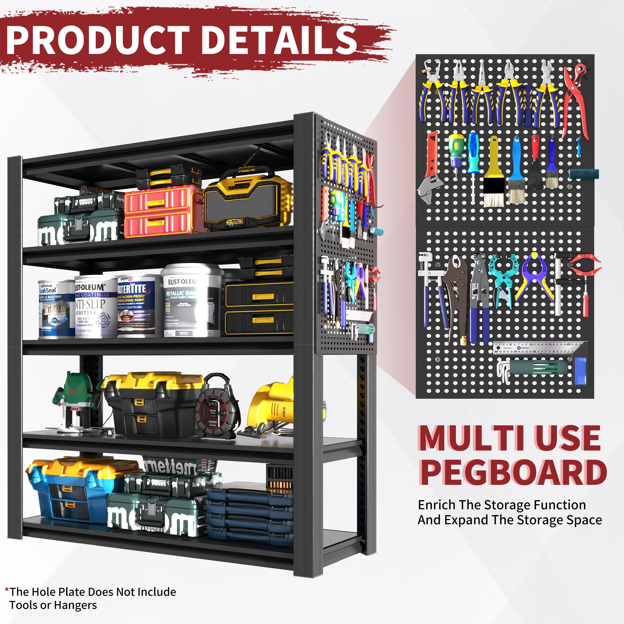 Industrial 5-Tier Adjustable Shelving Unit With Pegboard Heavy-Duty Storage