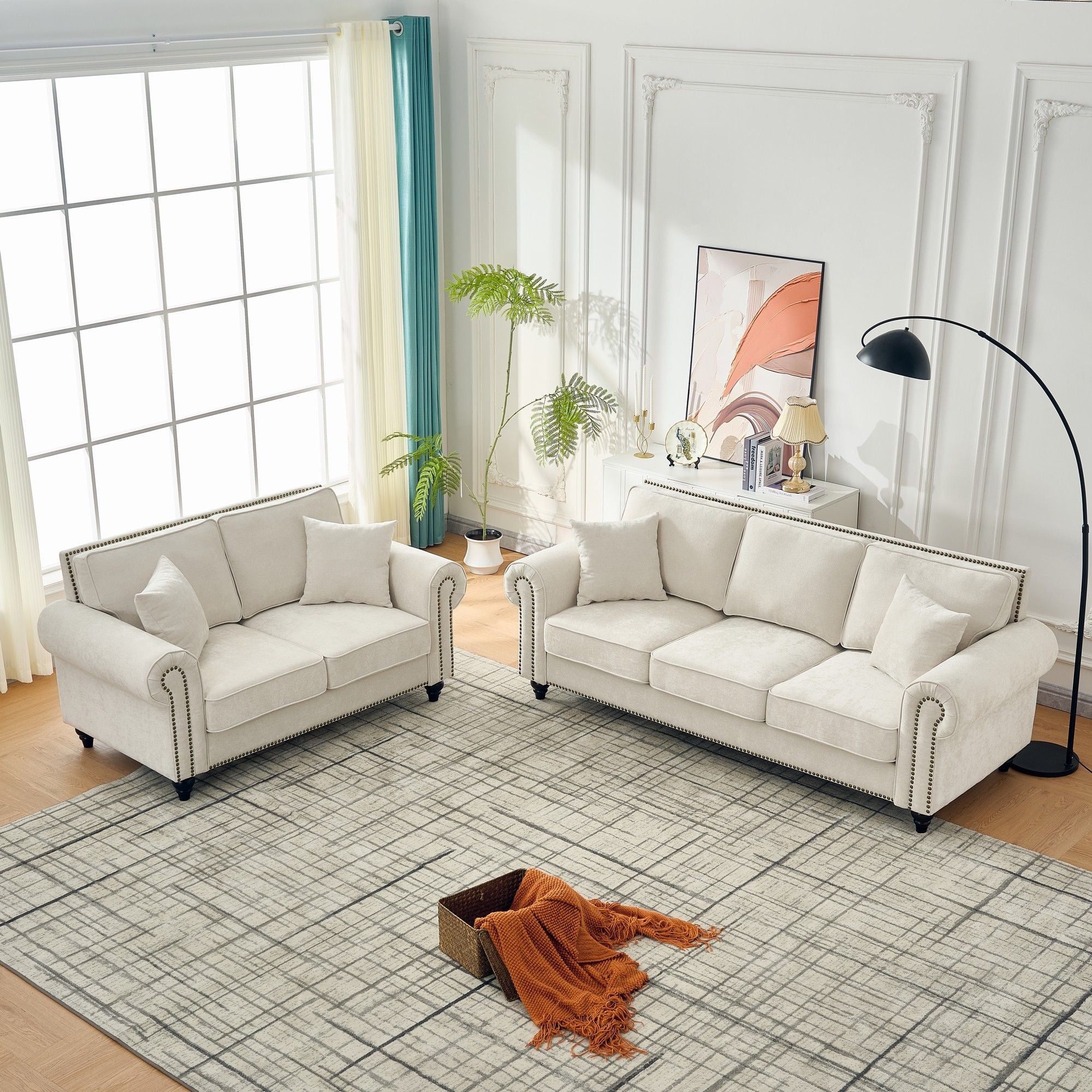 3 Seater Sofa With Tufted Upholstery, Rolled Arms, Nailhead Trim