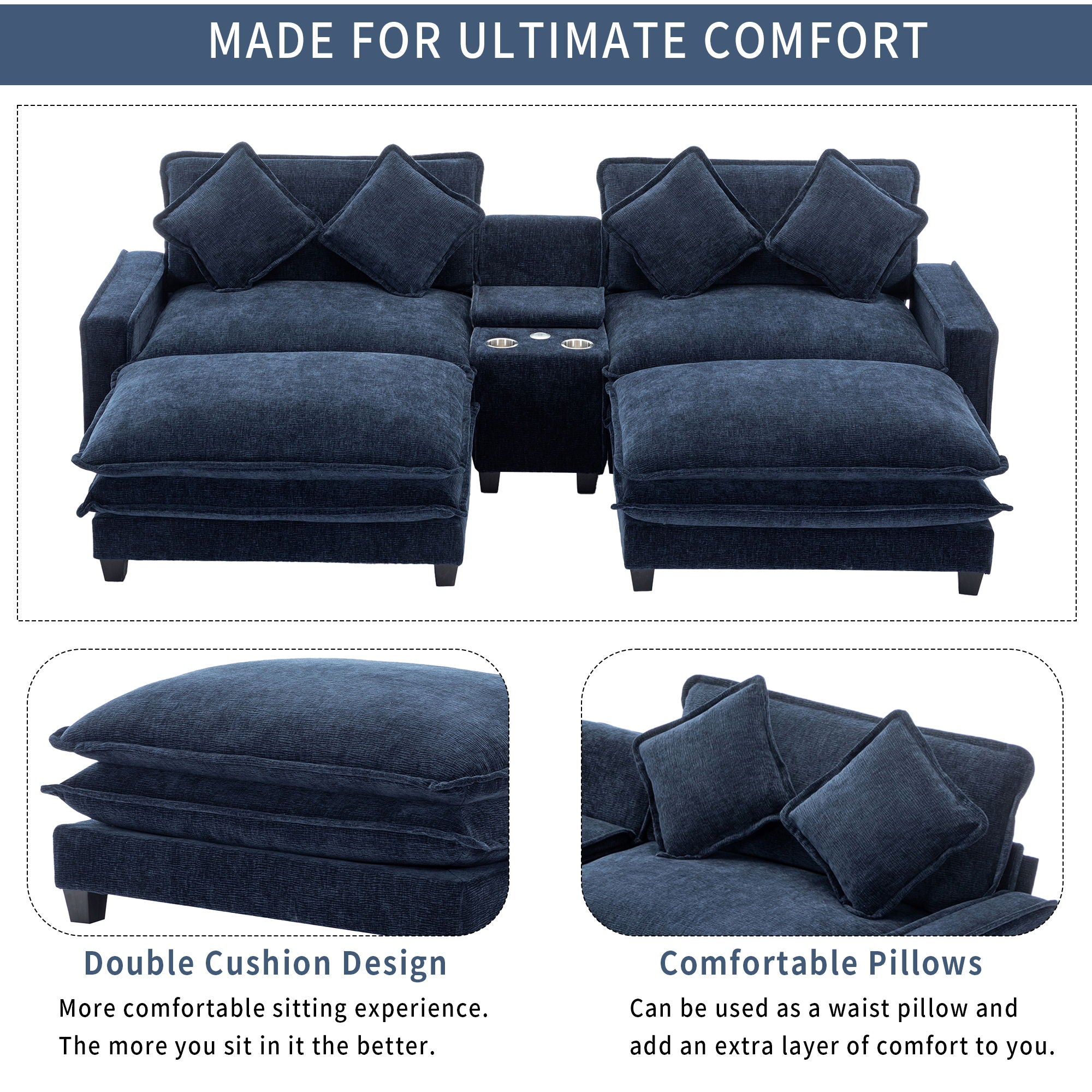 Sectional Sofa Upholstered Sofa With Two Removable Ottoman, Two USB Ports, Two Cup Holders And Large Storage Box For Living Room