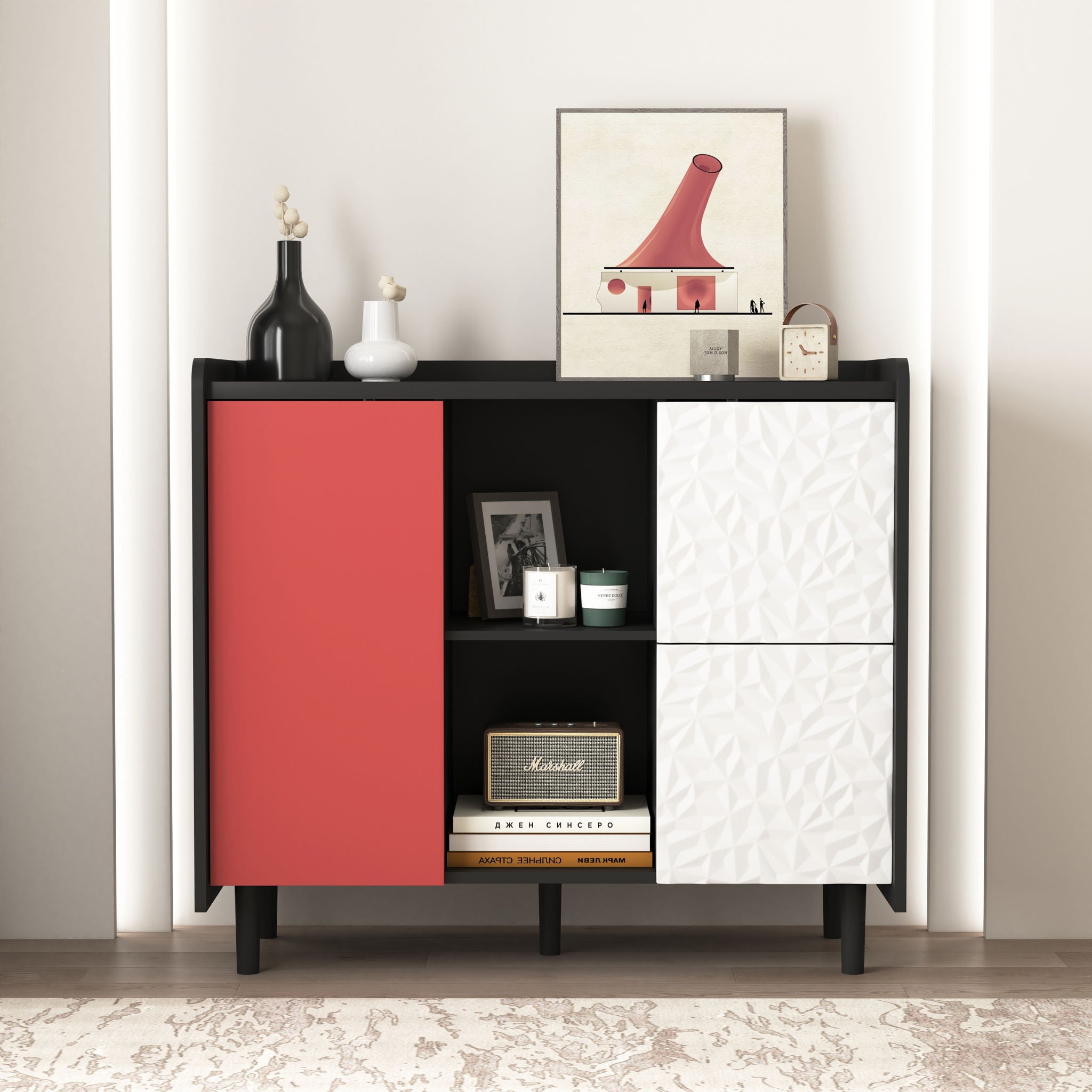 Modern Sideboard Buffet Cabinet With Doors And Unique Panel Styling