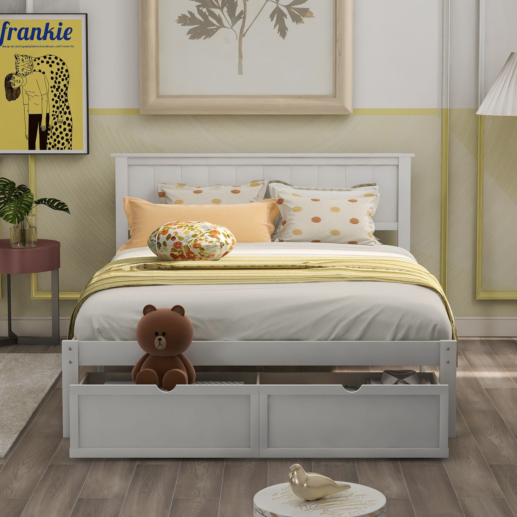 Full Size Platform Bed With Under Bed Drawers - White
