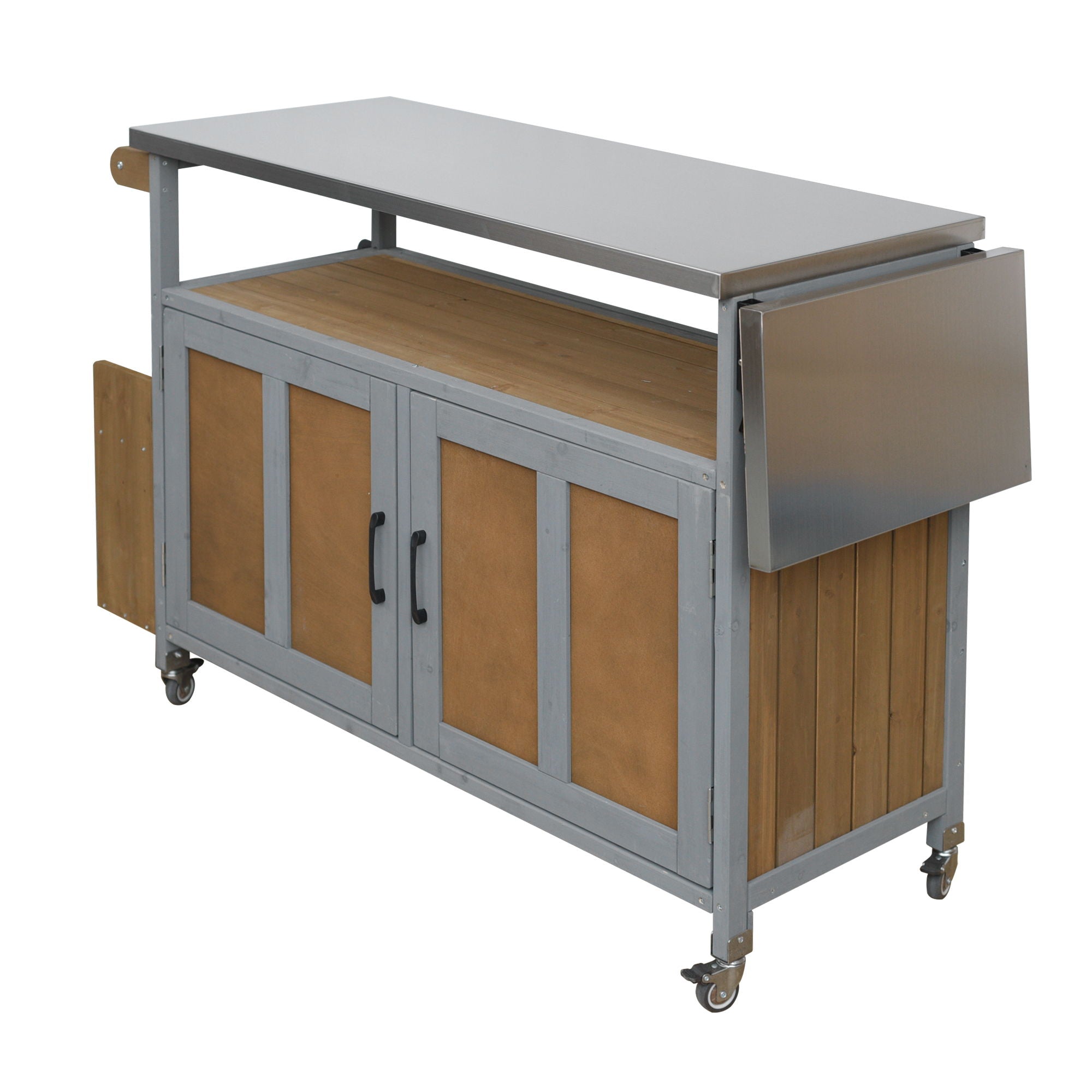 Foldable Outdoor Kitchen Island With Lockable Wheels, Storage Cabinet And Towel Rack For Patio