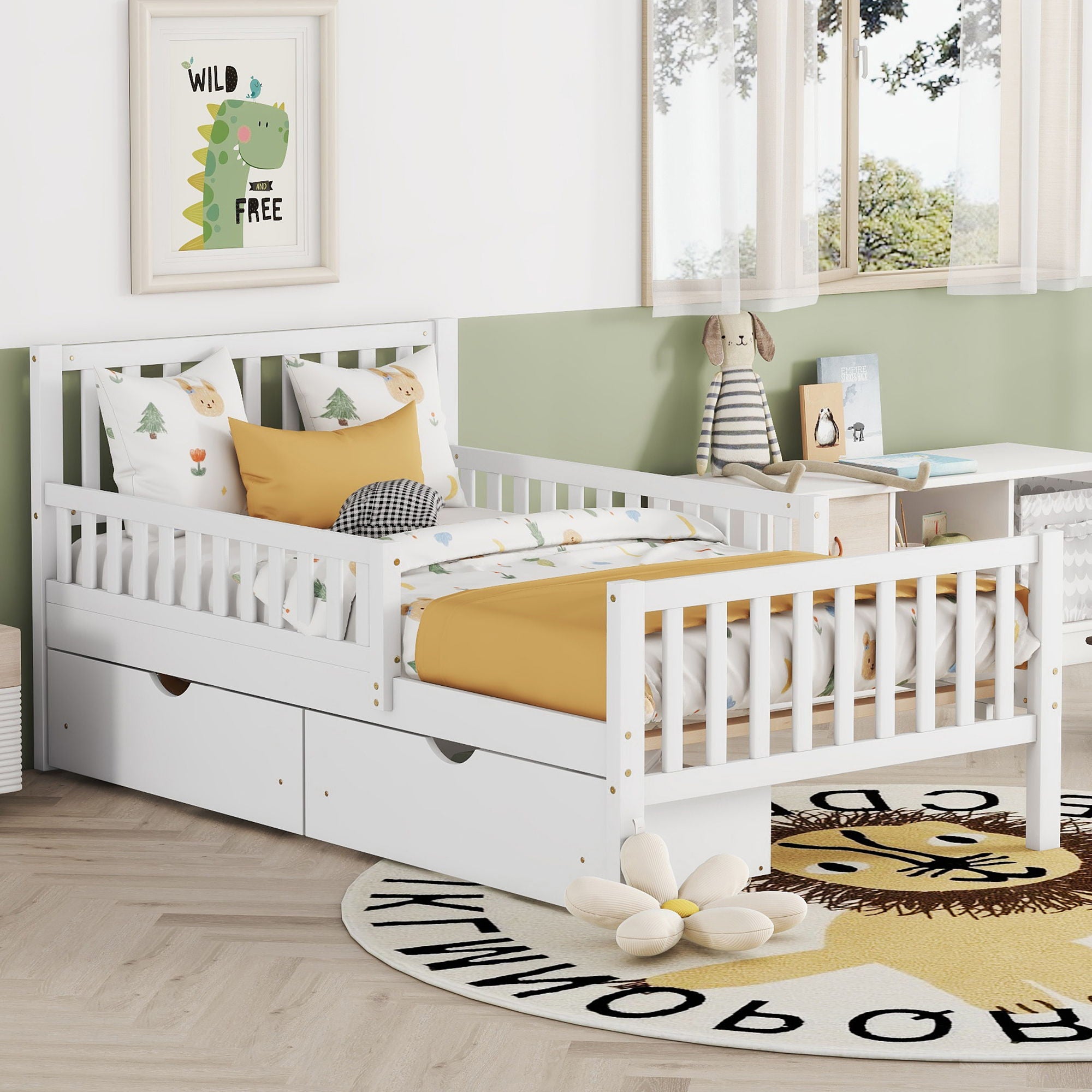Platform Bed With Guardrails On Both Sides And 2 Storage Drawers