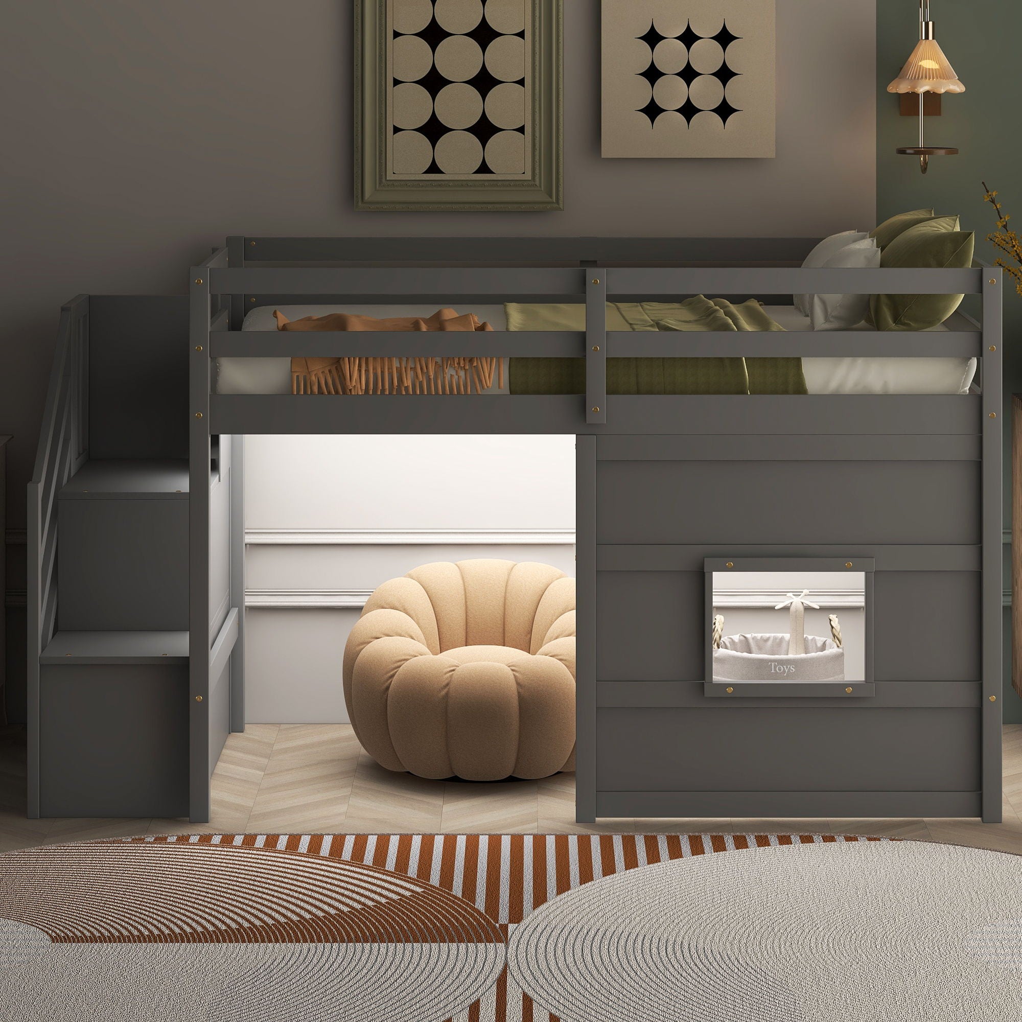 Loft Bed With Storage Staircase, Window & LED Light