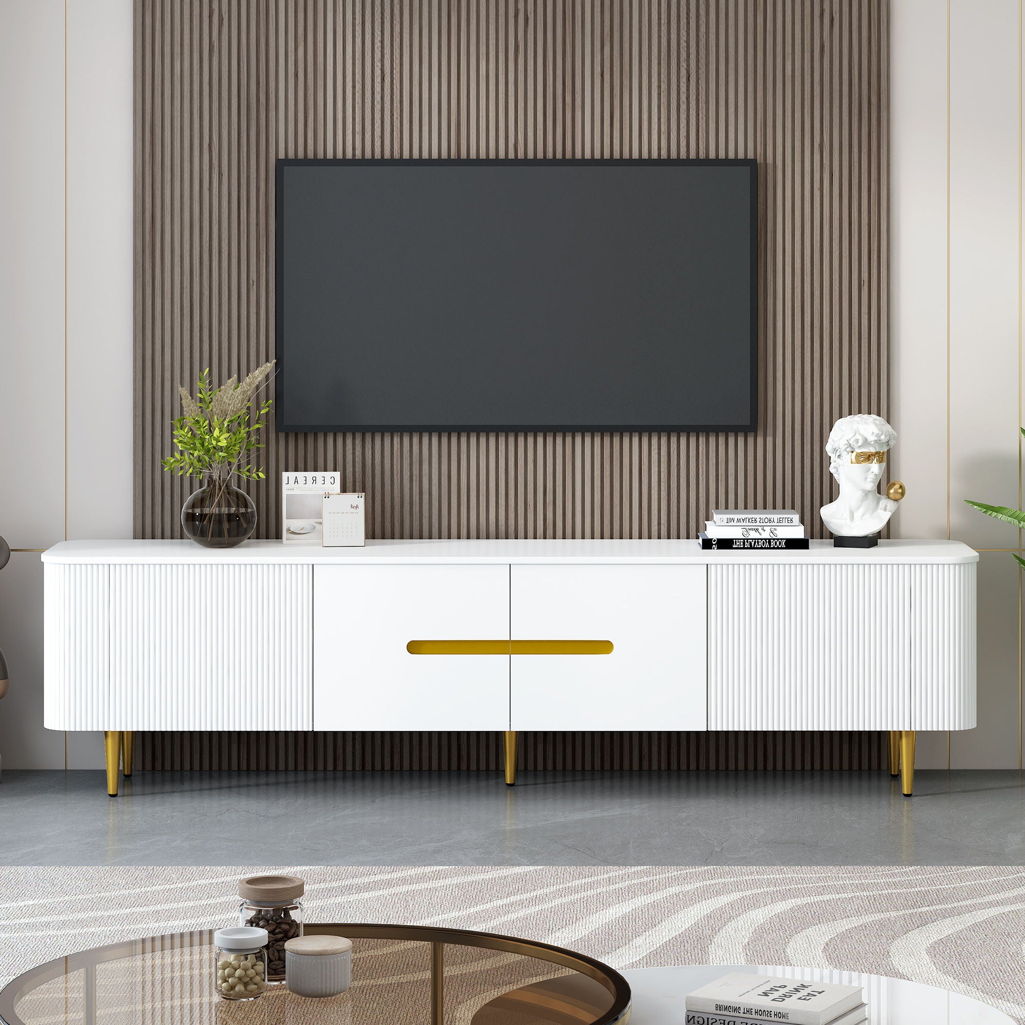 Minimalist TV Stand For TVs Up To 85", Modern Entertainment Center Media Console With 4 Spacious Cabinets For Living Room