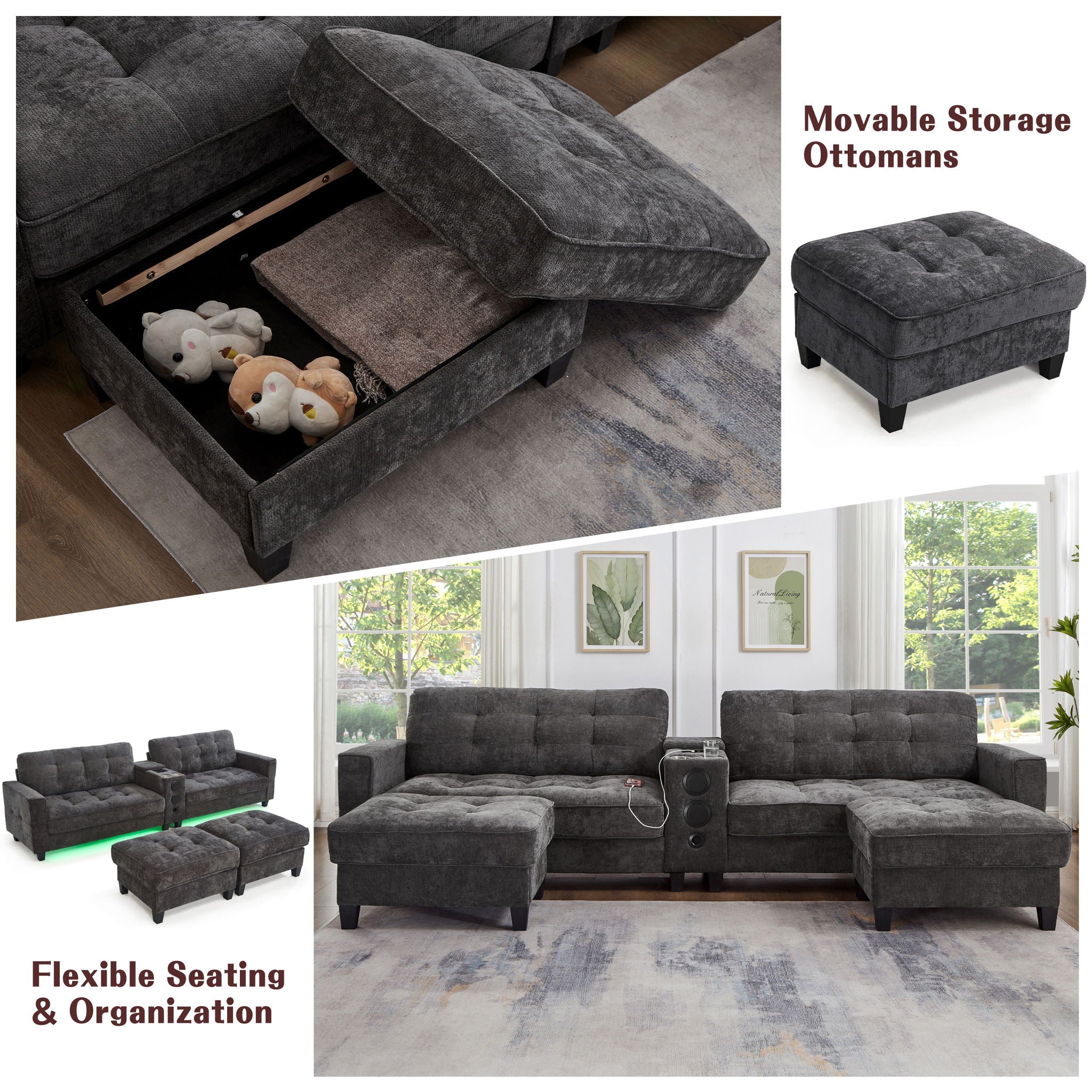 Modern Sectional Sofa U-Shaped With Movable Ottomans, tooth Speakers, LED Lights And Modular Storage