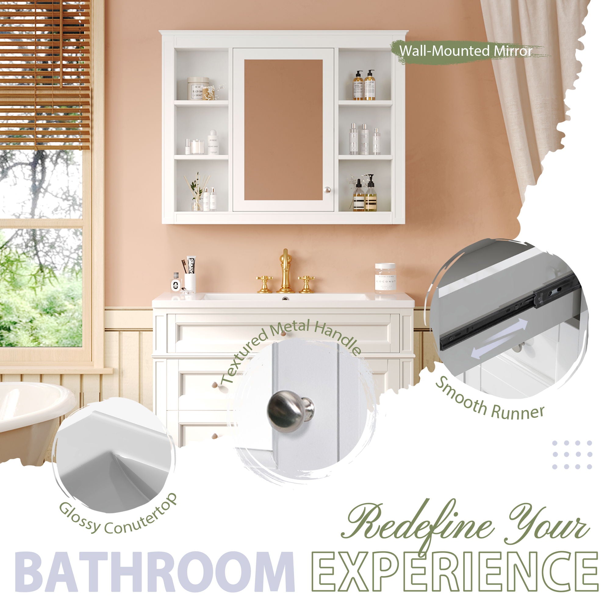 Bathroom Vanity With Mirror Cabinet, Single Sink With 2 Soft Closing Doors And 4 Drawers