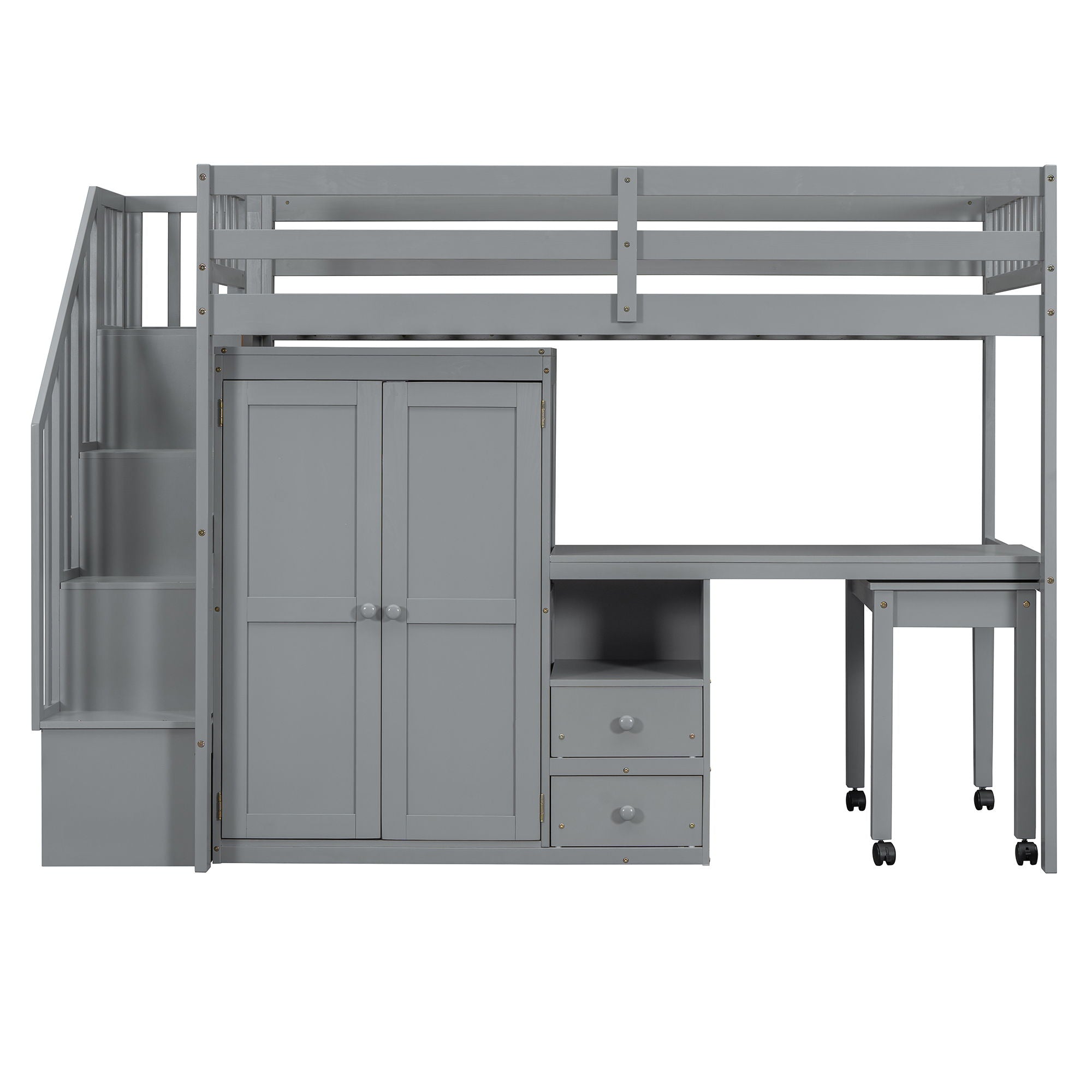 Loft Bed With Stairs, Bookshelf, Drawers, Desk & Wardrobe, Space Saving Multifunctional Furniture