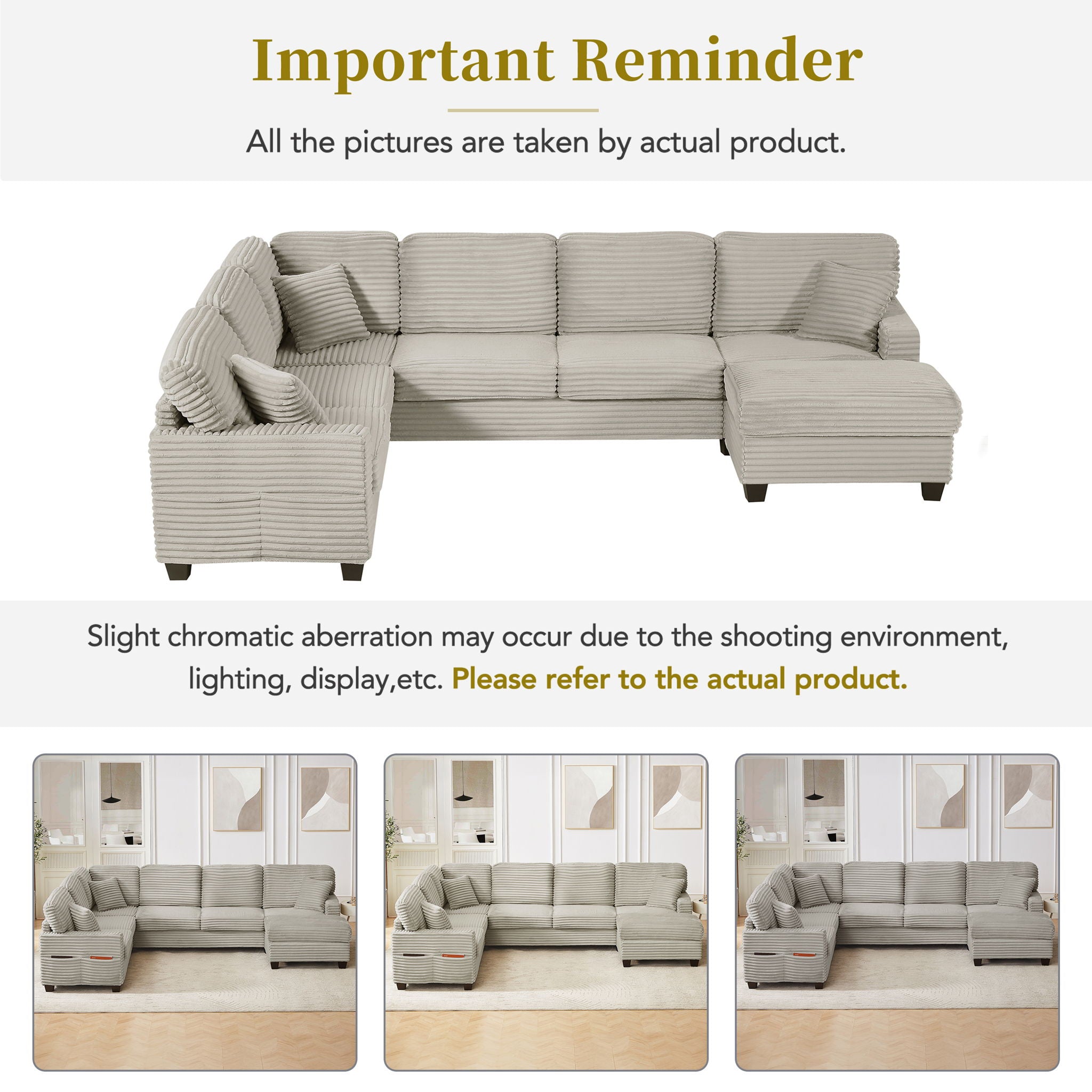 Upholstered U-Shaped Sectional Sofa With Movable Ottoman And Side Storage Pockets