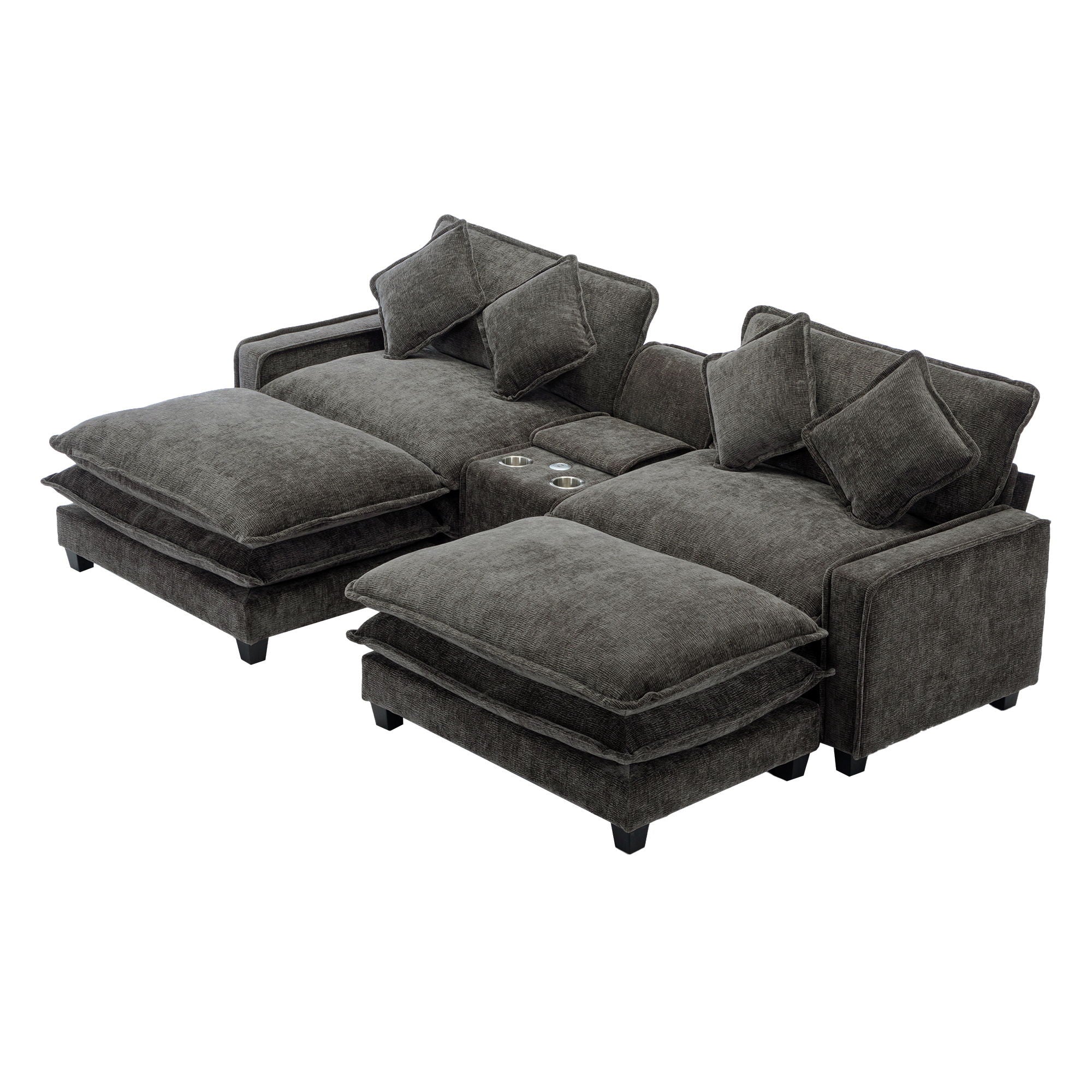 Sectional Sofa Upholstered Sofa With Two Removable Ottoman, Two USB Ports, Two Cup Holders And Large Storage Box For Living Room