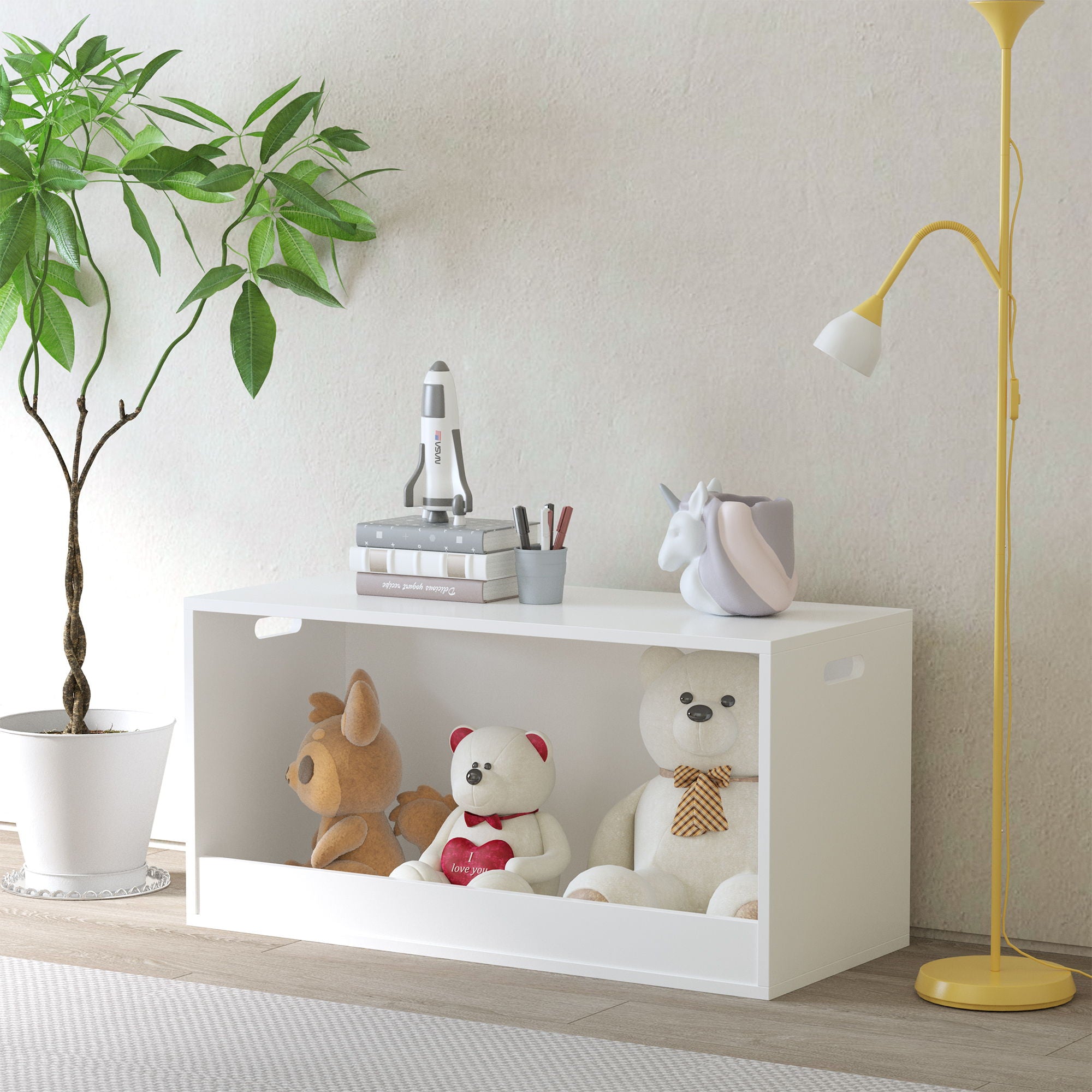 Open Toy Storage Box For Kids, Organizer Bin For Plush Toys, Books - White