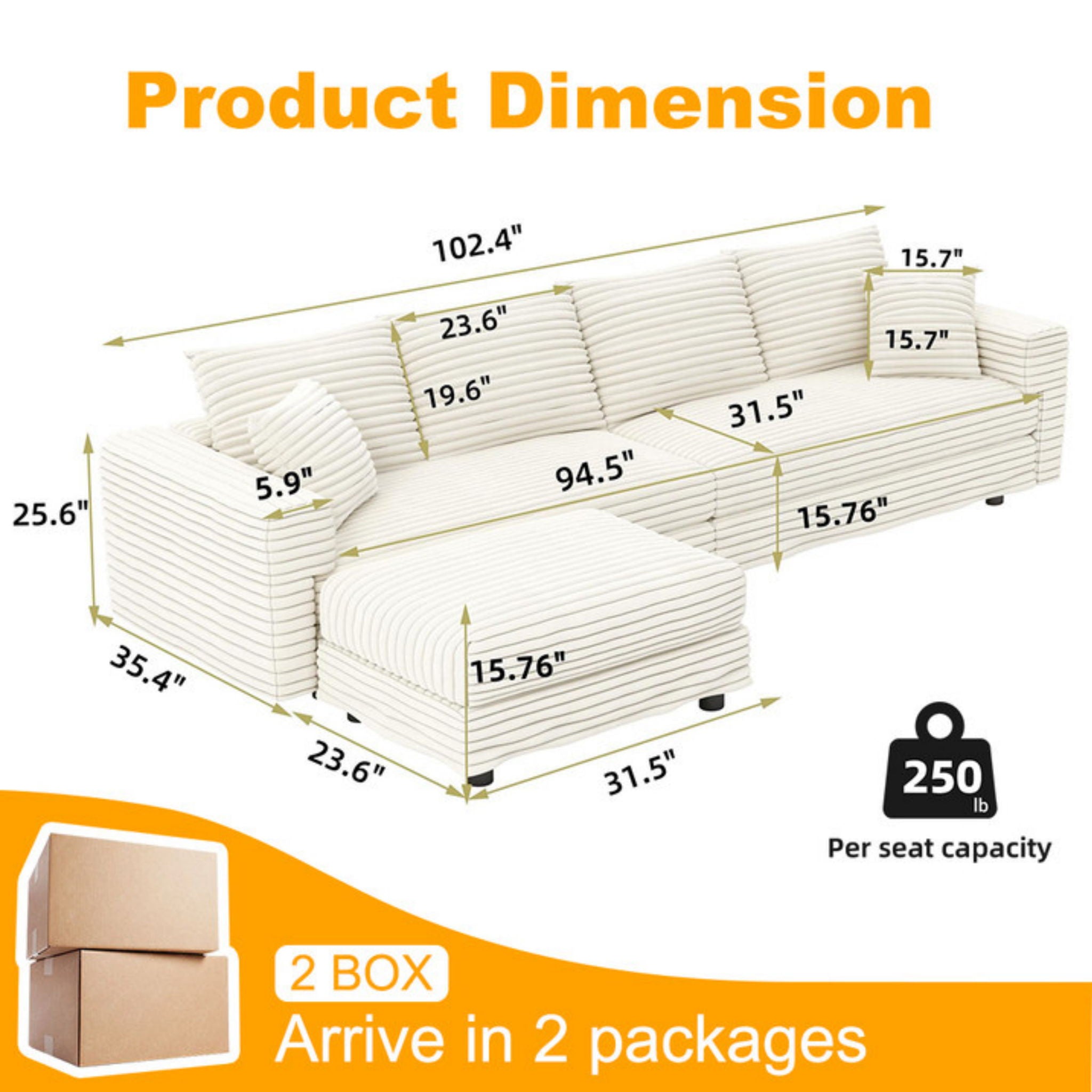 4 Seat Sofa With Soft Pillows And Movable Ottoman