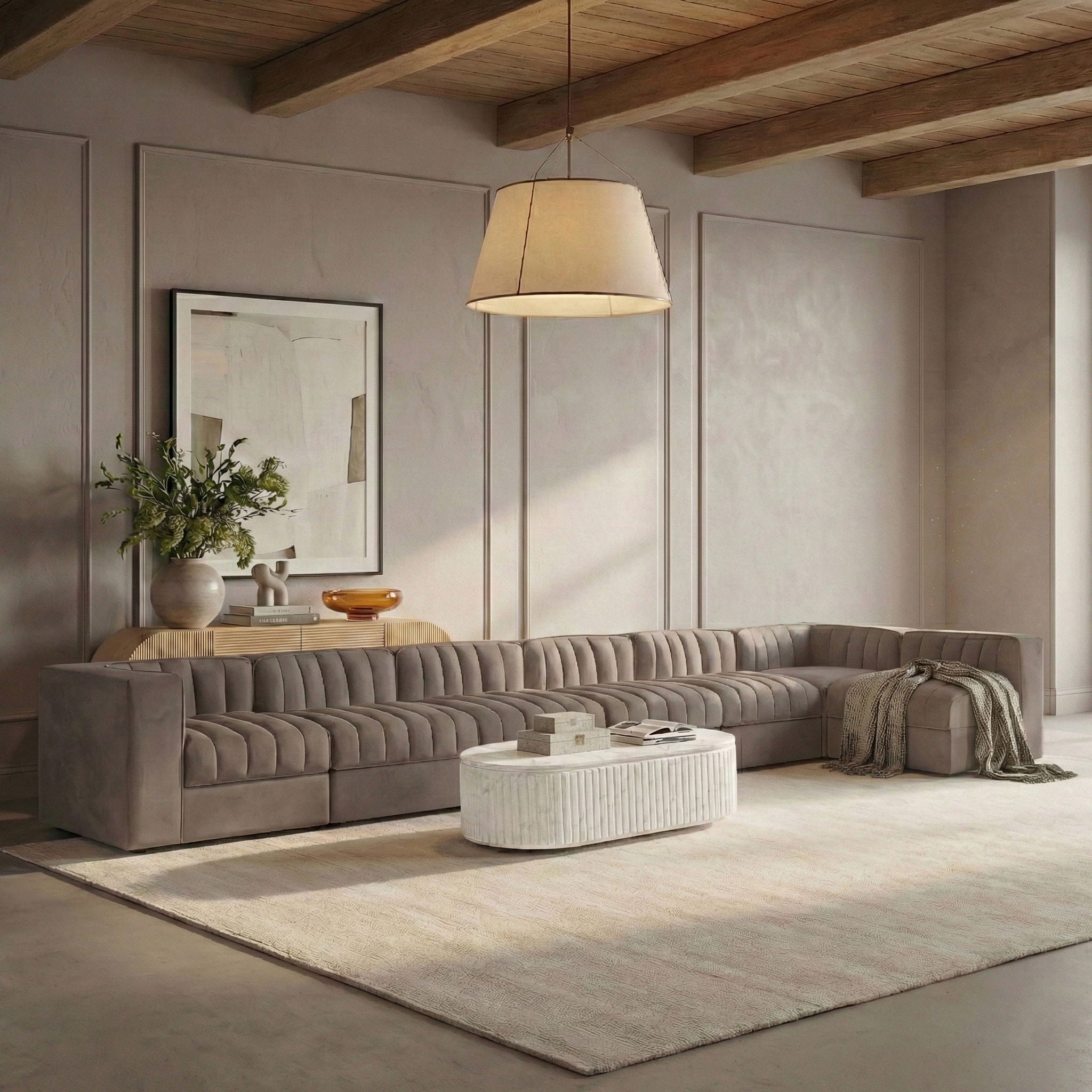 Rummi - Velvet Performance Fabric Upholstered 7 Piece Modular Sectional, L-Shaped (Right)