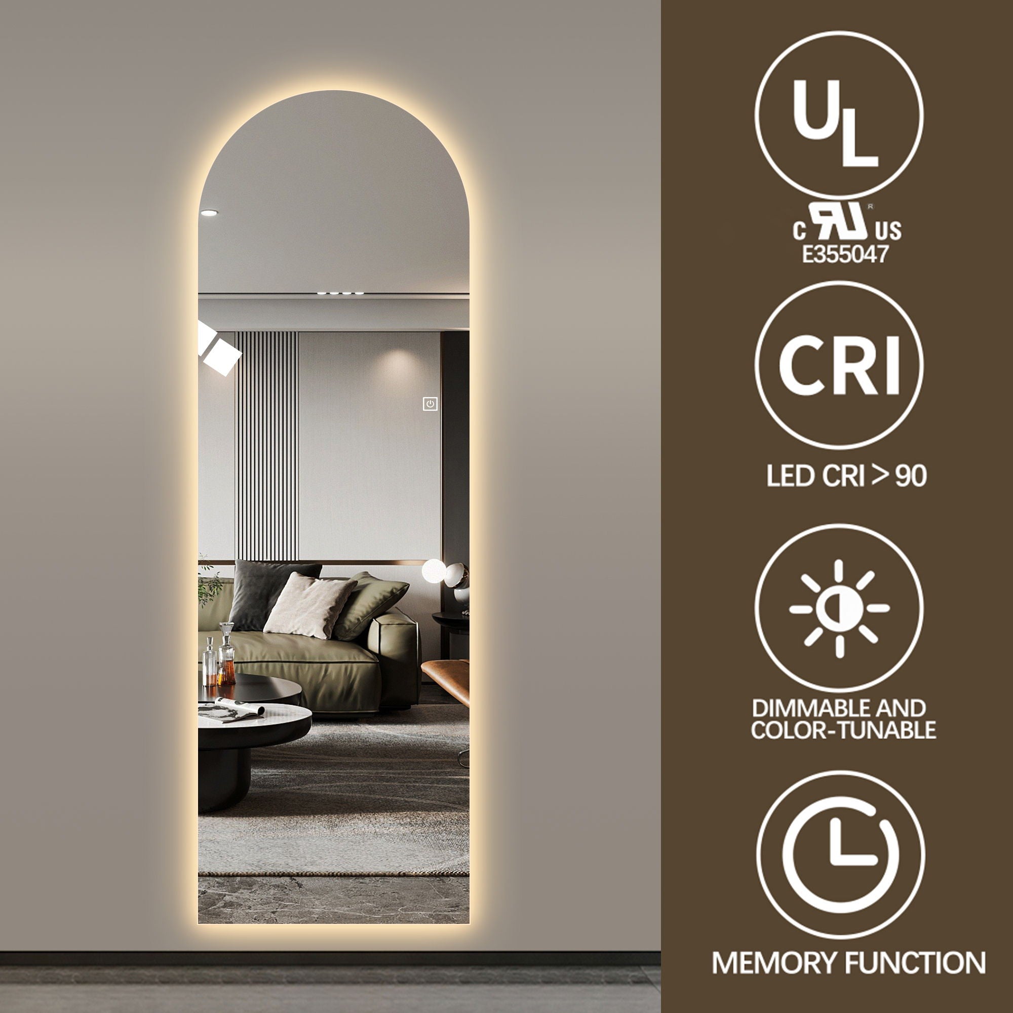 LED Full Length Wall Mirror With Symmetrical Arch Design, 3 Color Dimmable Lighting - Silver