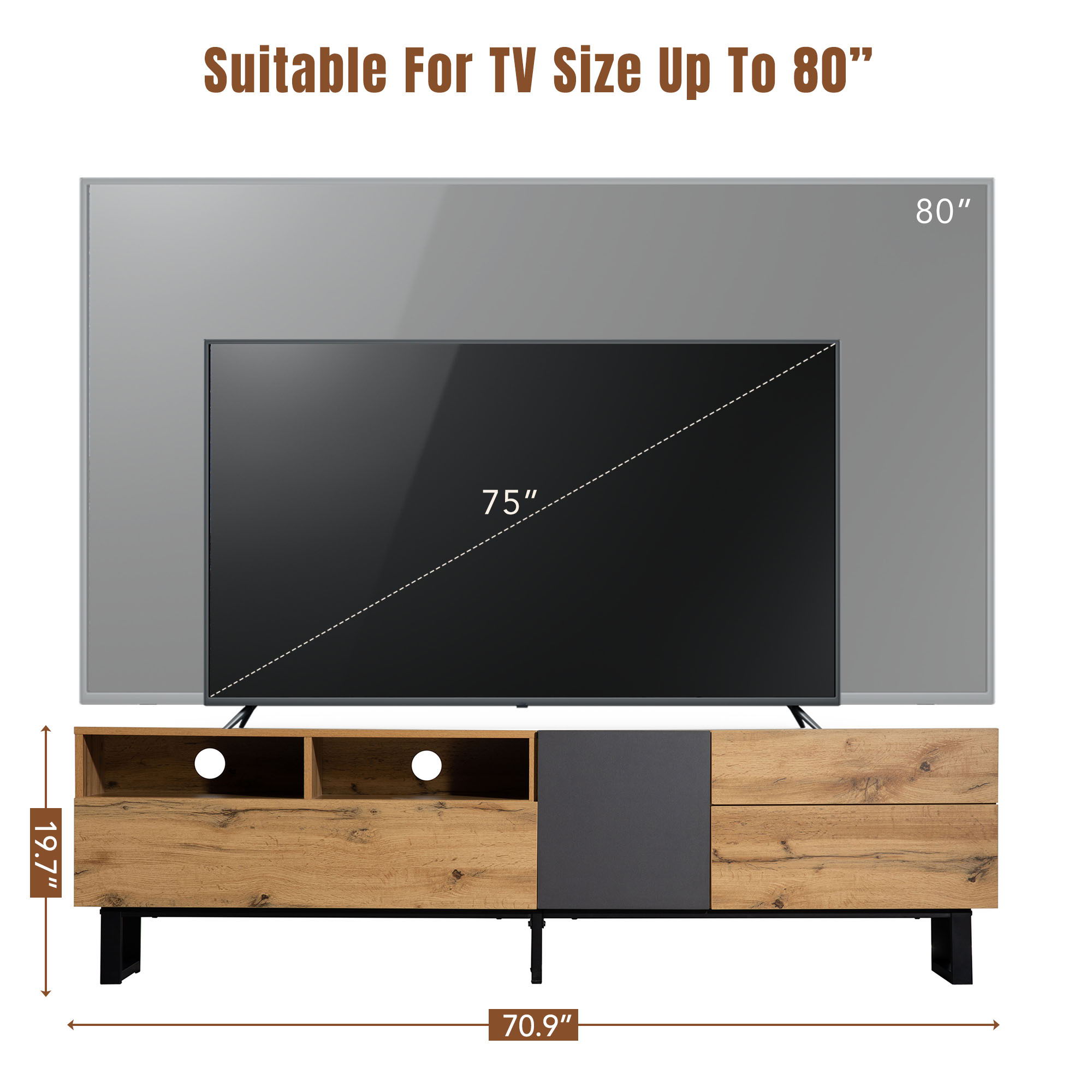 TV Stand For 80'' TV With Double Storage Space, Media Console Table With Drop Down Door