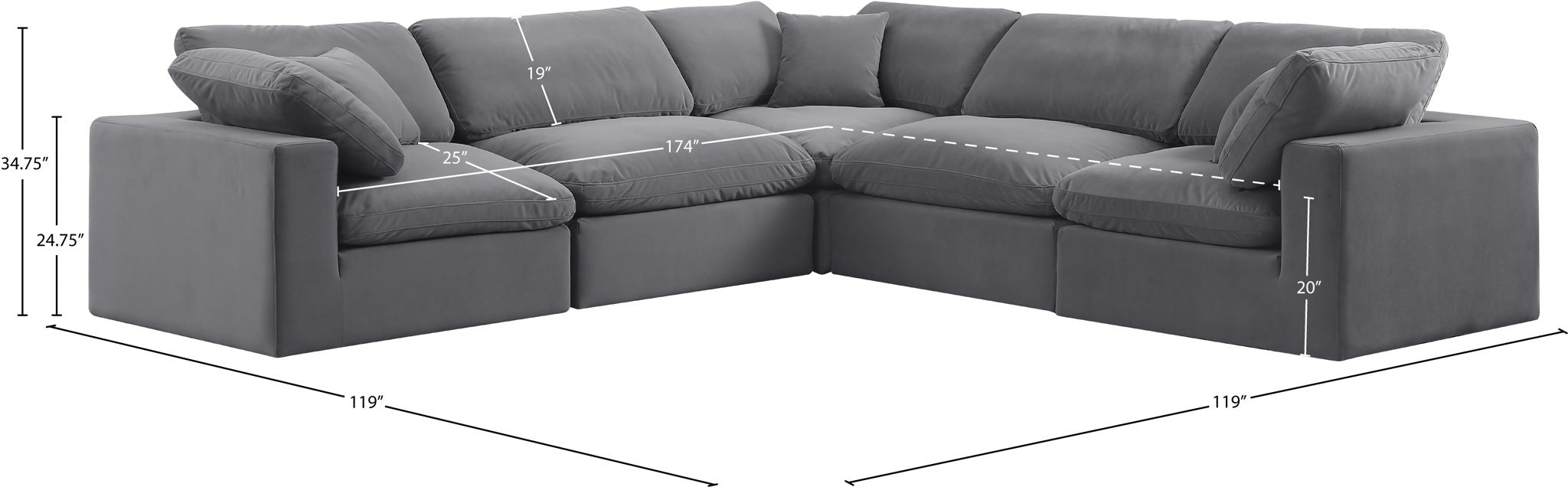 Comfy - 5 Piece Velvet Modular Corner Sectional