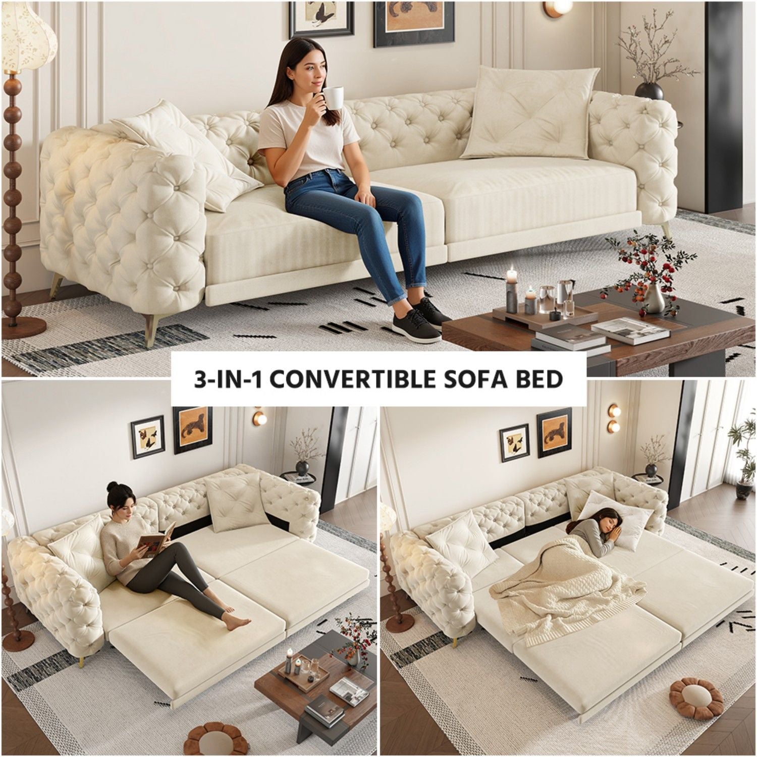 3 In 1 Convertible Sleeper, Deep Seat Pull Out Sofa Bed, Button Tufted