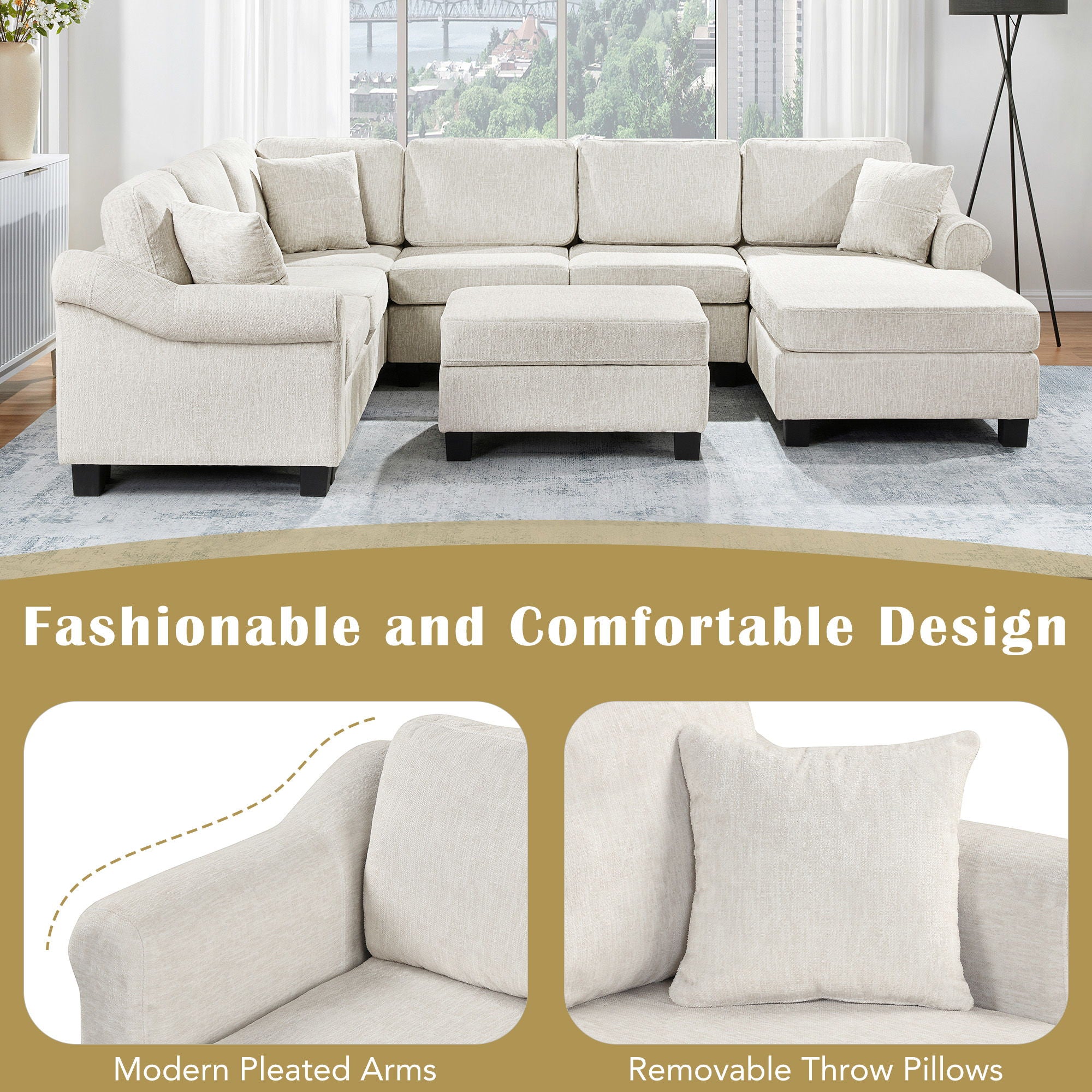 Contemporary U - Shaped Sectional Sofa With Movable Storage Ottoman