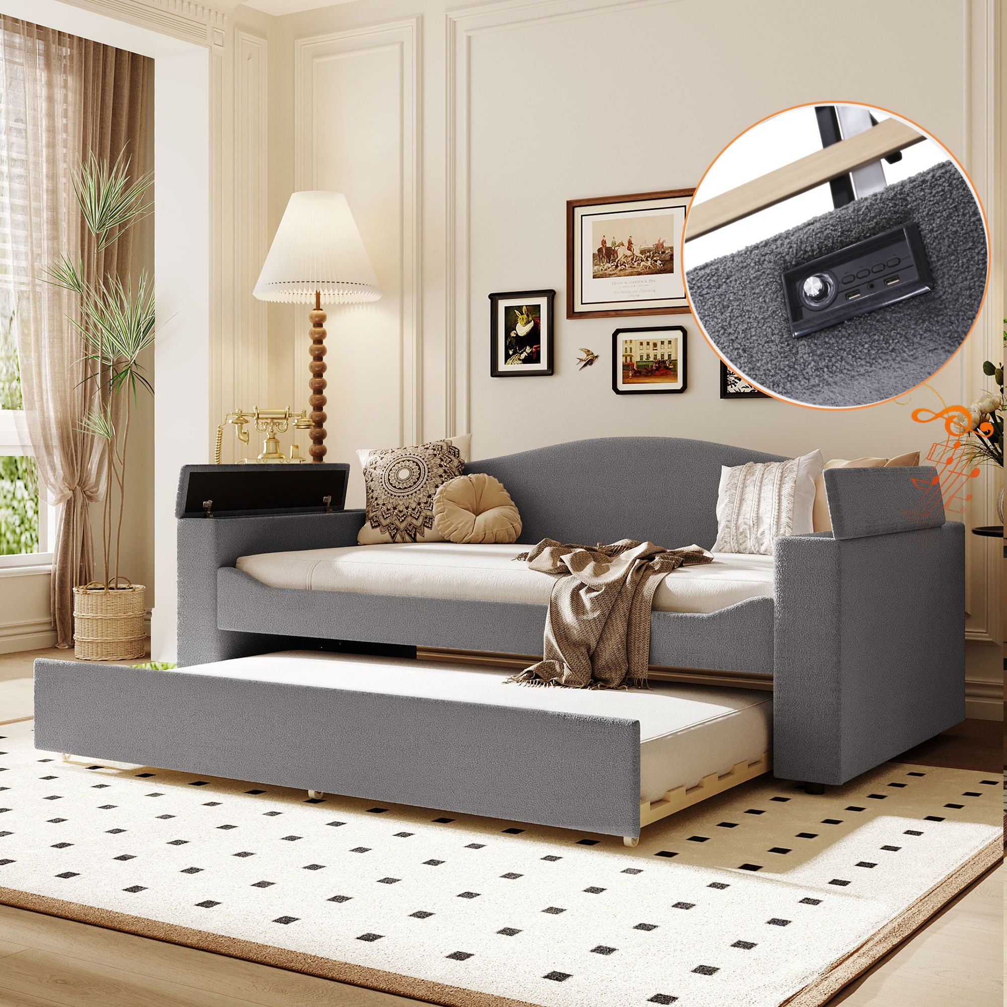 Upholstered Daybed With Storage Armrests, Trundle And Latest Integrated tooth Audio System