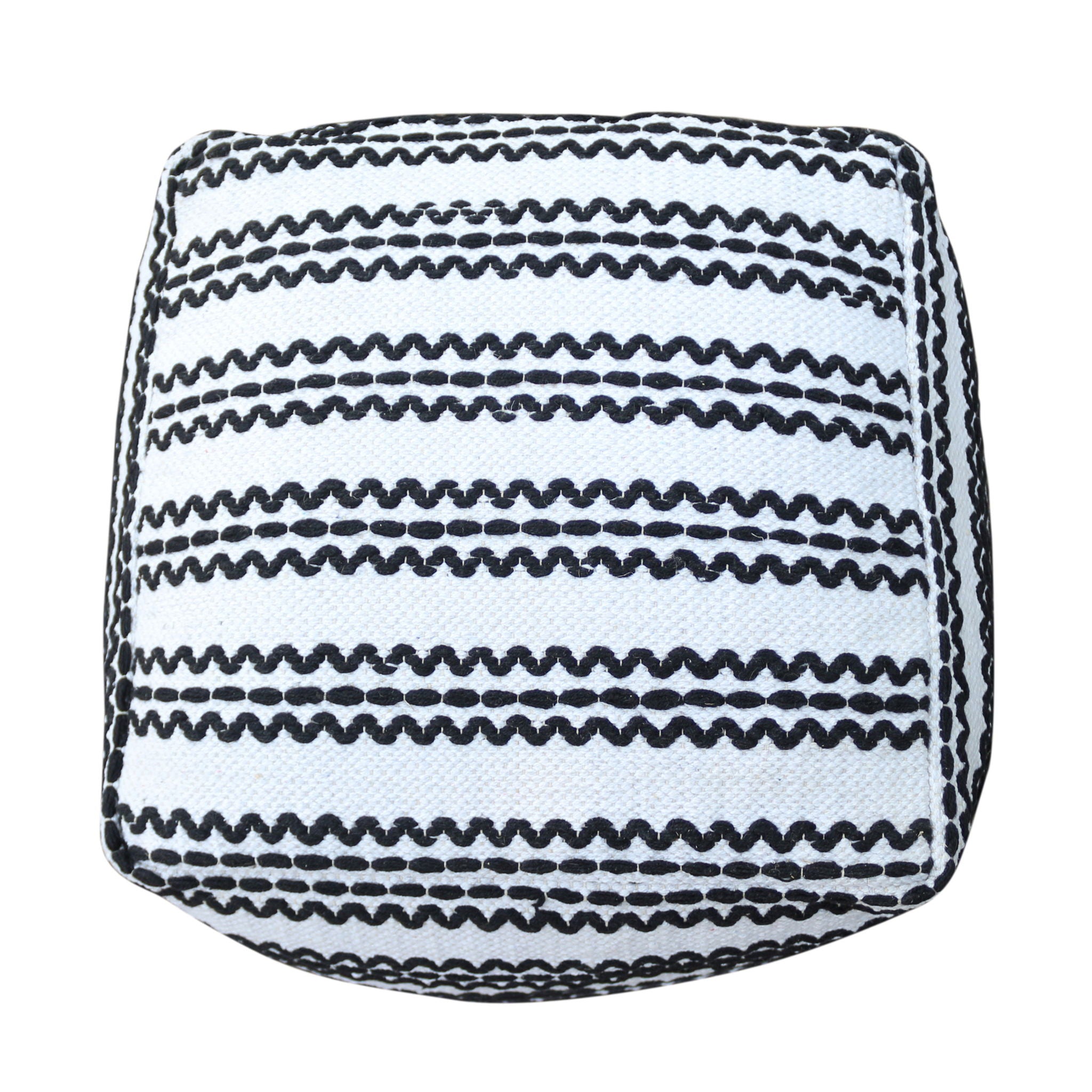 Lani - Handcrafted Fabric Pouf, Durable Cotton Square - Natural / Black
