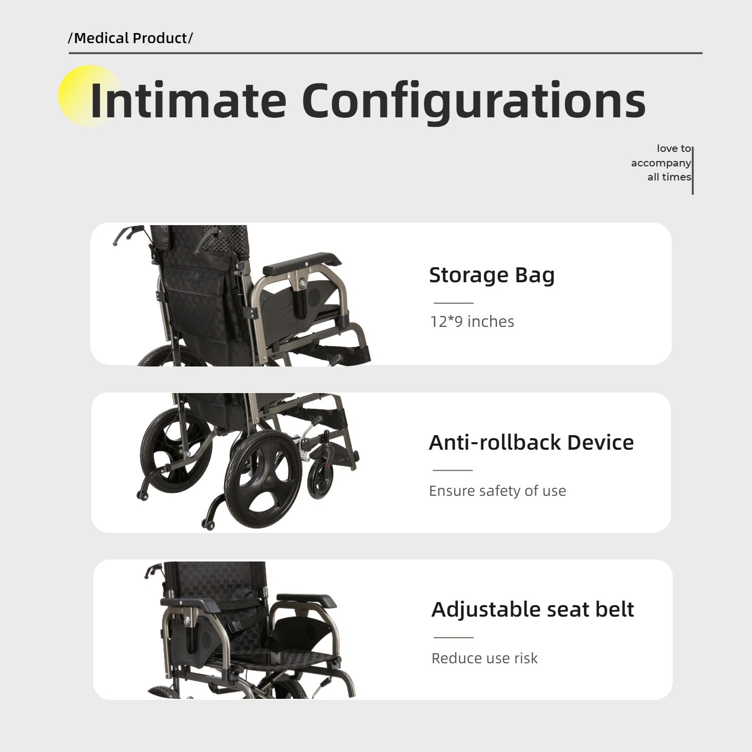 Lightweight Foldable Transport Wheelchair For Adults, Square Tube Design