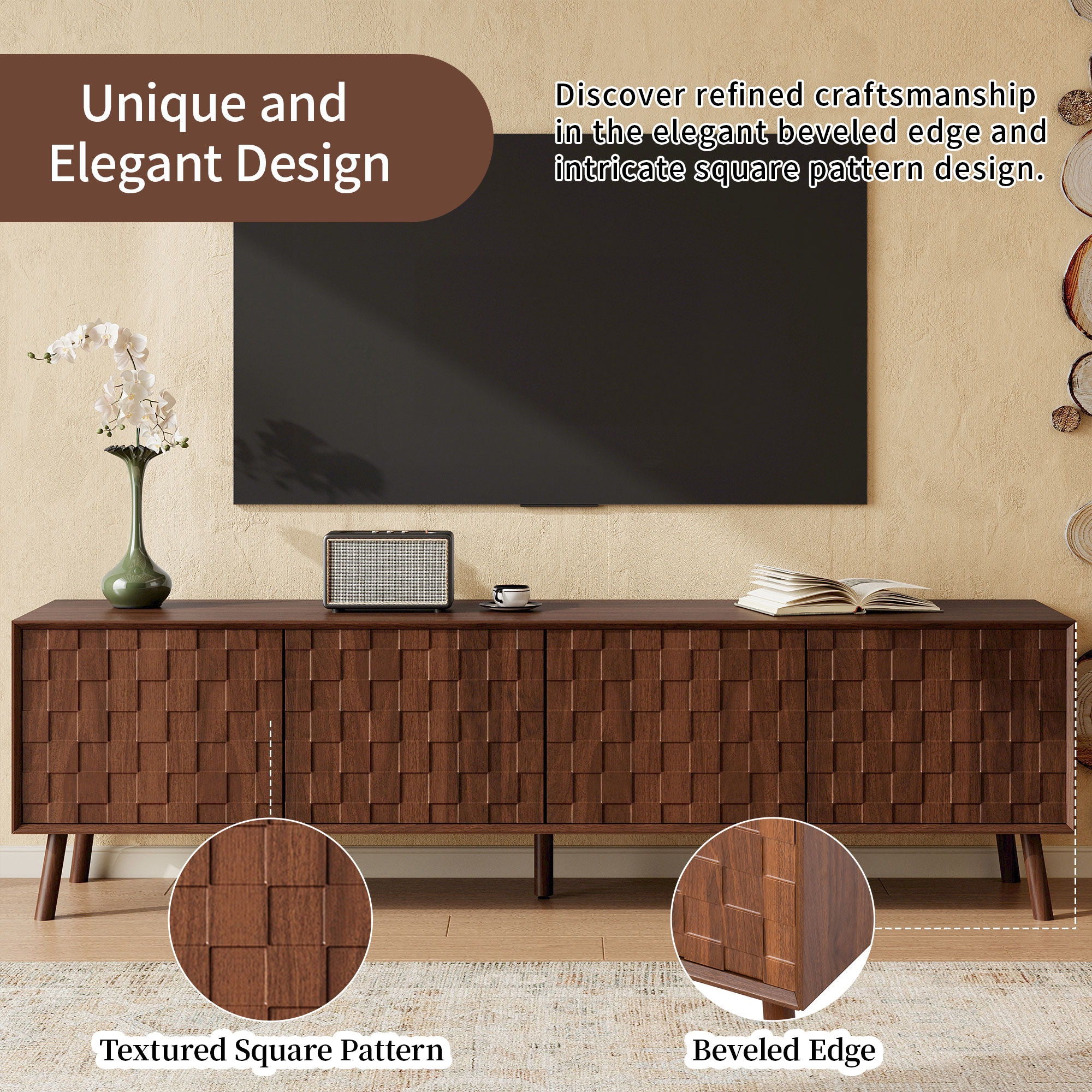 TV Stand With Soft Closing Hinges And Cable Management - Walnut